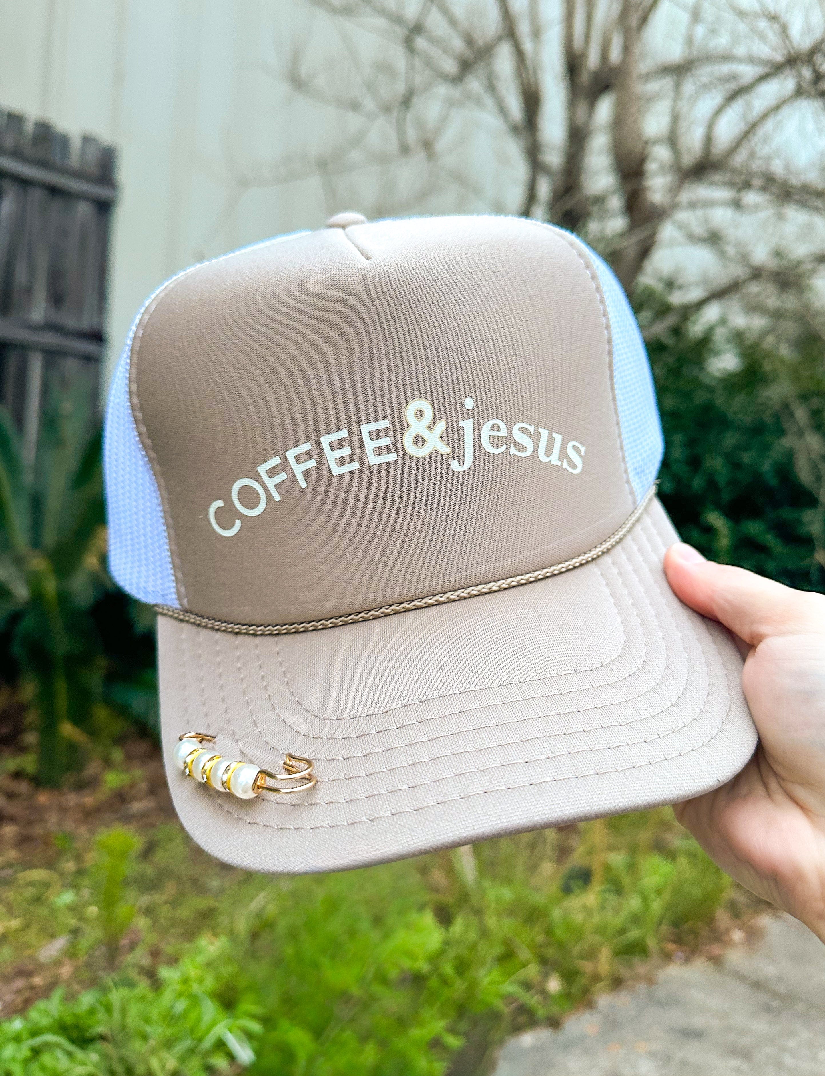 Coffee & Jesus Khaki/White Trucker by Southern Bliss Company, Southern food gift detail photo 2