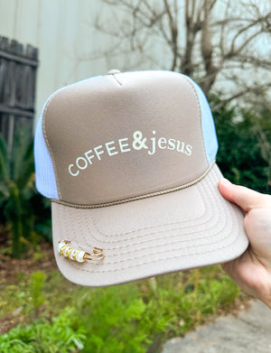 Coffee & Jesus Khaki/White Trucker by Southern Bliss Company, Southern food gift detail photo 2