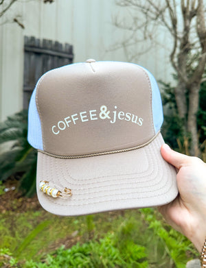 Coffee & Jesus Khaki/White Trucker by Southern Bliss Company, Southern food gift main product photo