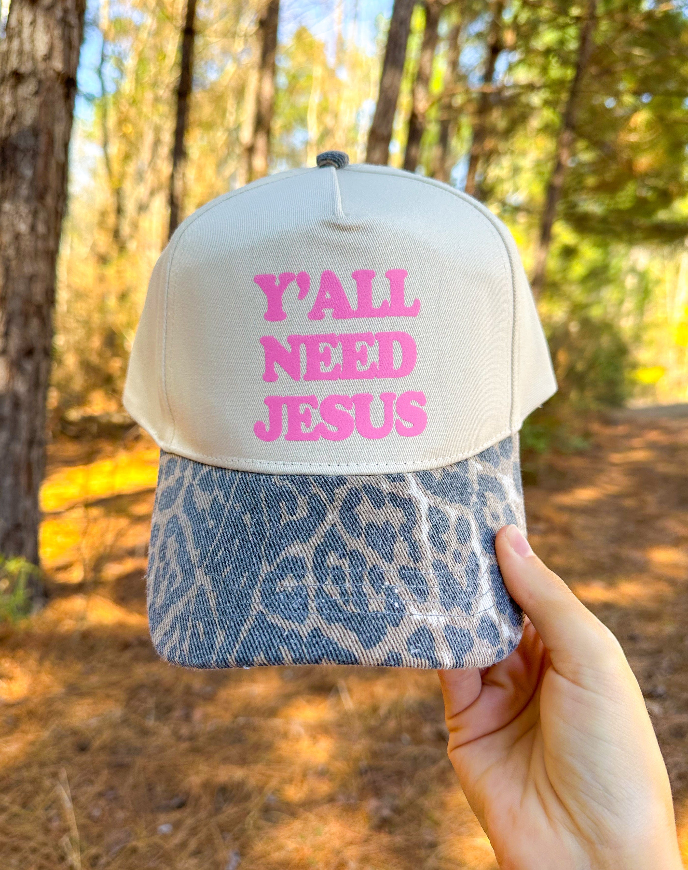 Y'all Need Jesus Washed Leopard Canvas Trucker Hat by Southern Bliss Company, Southern lifestyle apparel main product photo