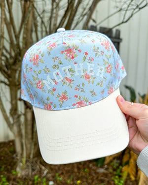 Mother Floral Coral/ Light Blue Trucker Hat by Southern Bliss Company, Southern lifestyle apparel main product photo