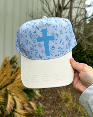 Cross Floral White/Light Blue Trucker Hat by Southern Bliss Company, Southern lifestyle apparel main product photo