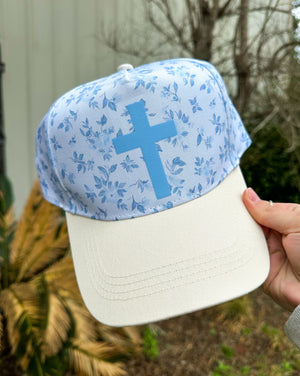 Cross Floral White/Light Blue Trucker Hat by Southern Bliss Company, Southern lifestyle apparel detail photo 2