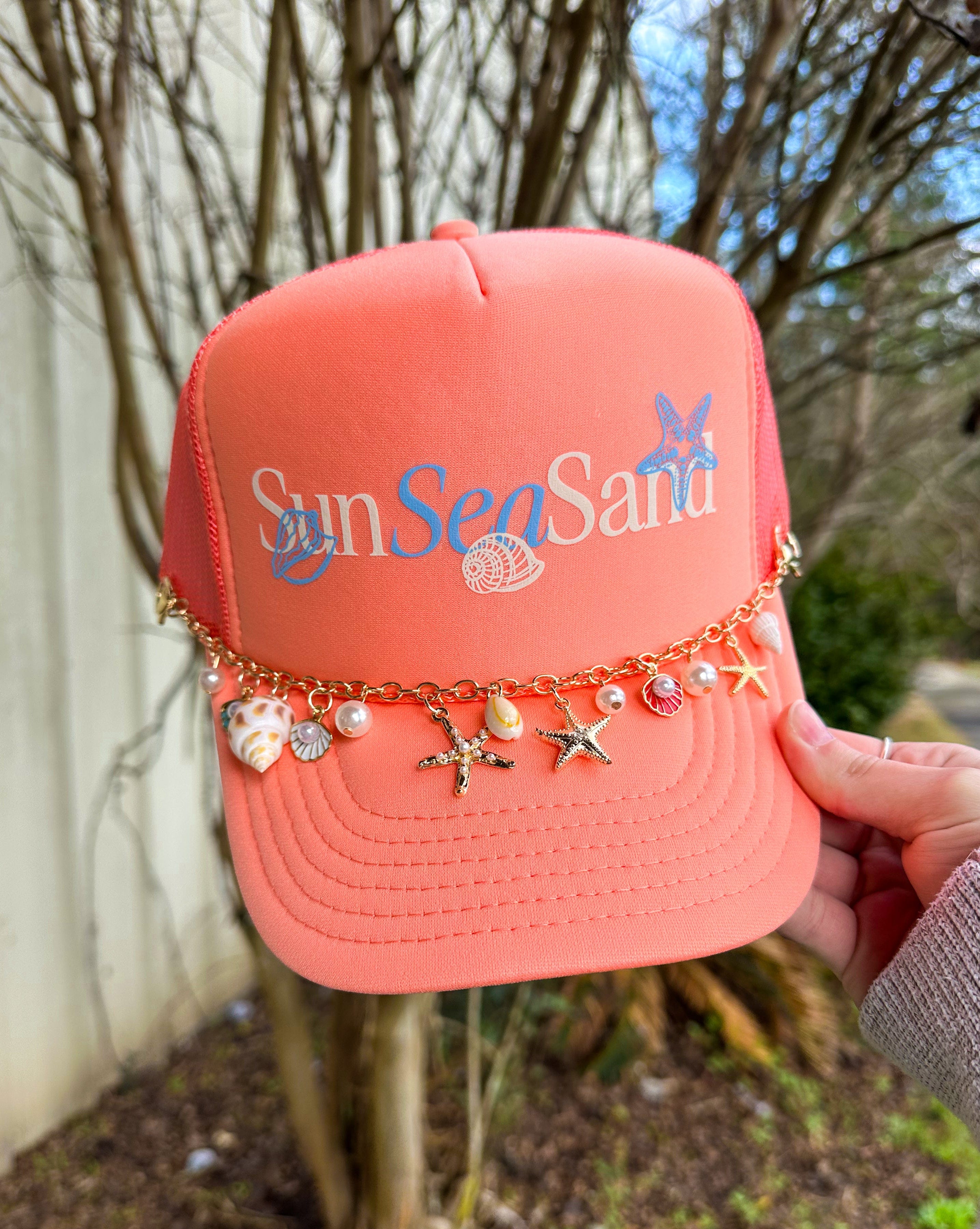 Sun Sea Sand Coral Trucker by Southern Bliss Company, custom hat main product photo