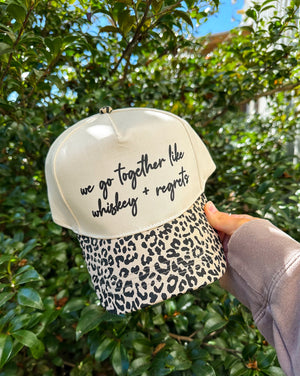 Whiskey & Regrets Leopard Canvas Trucker Hat by Southern Bliss Company, Southern lifestyle apparel detail photo 2