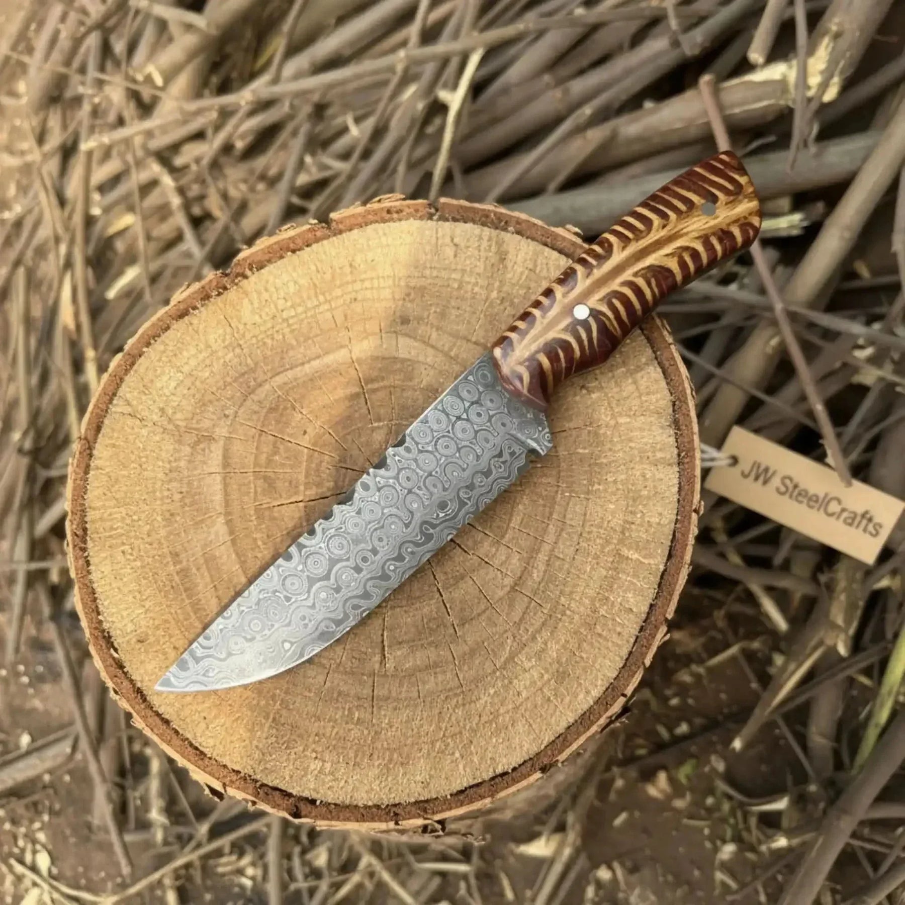 Fixed Blade Knife Damascus Steel Straight Back Blade Red Pine cone Handle