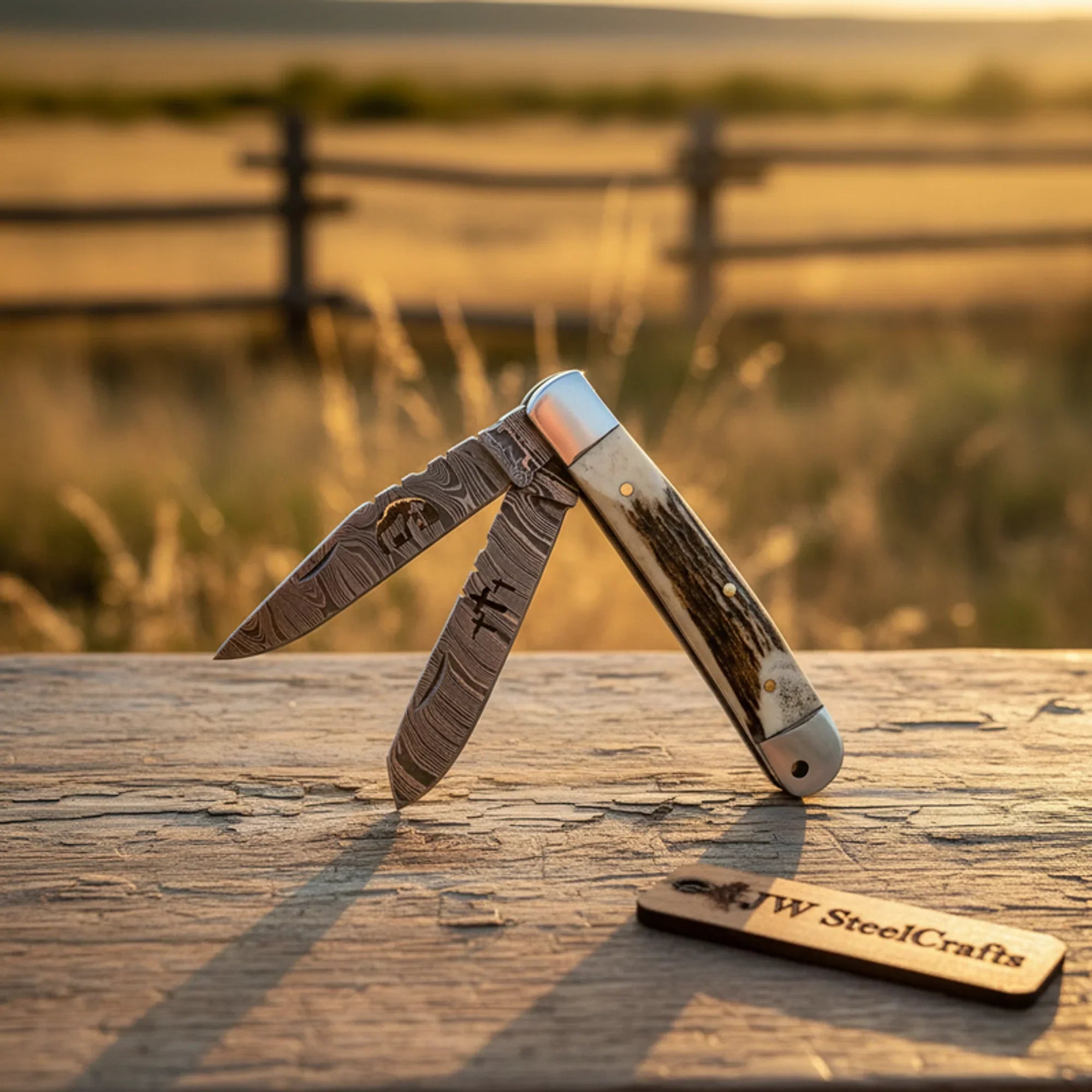 Dual-Blade Stag Slipjoint Folder knife Stag Horn Handle, Steel Bolster, Engraved Sheath by JW SteelCrafts