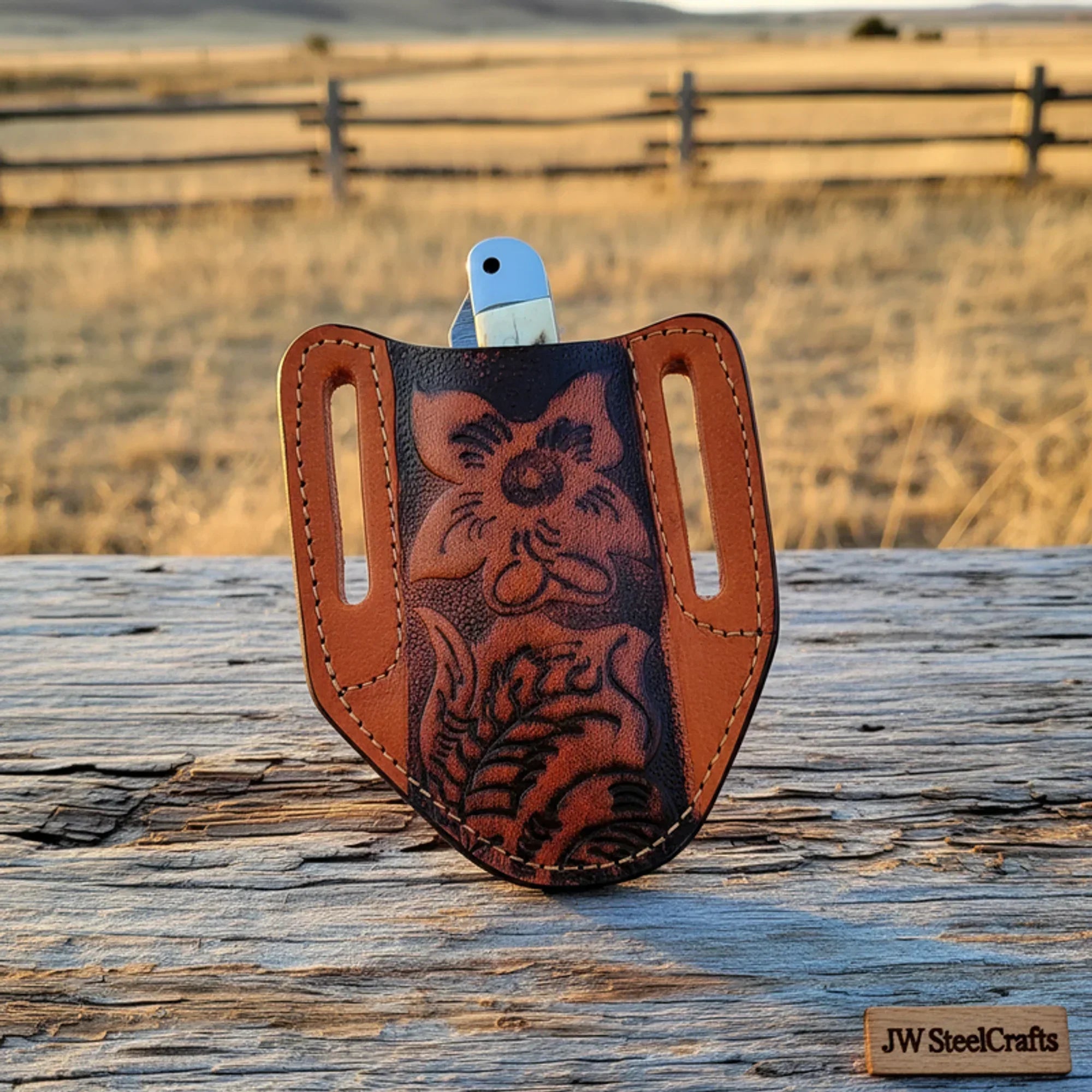 Dual-Blade Stag Slipjoint Folder knife Stag Horn Handle, Steel Bolster, Engraved Sheath detail view by JW SteelCrafts