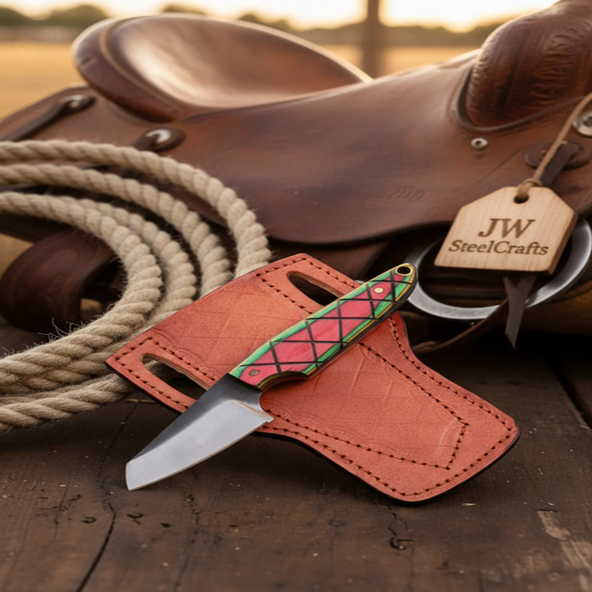 Cowboy Bull Cutter EDC Knife with Colored Pakka Wood Handle by JW SteelCrafts