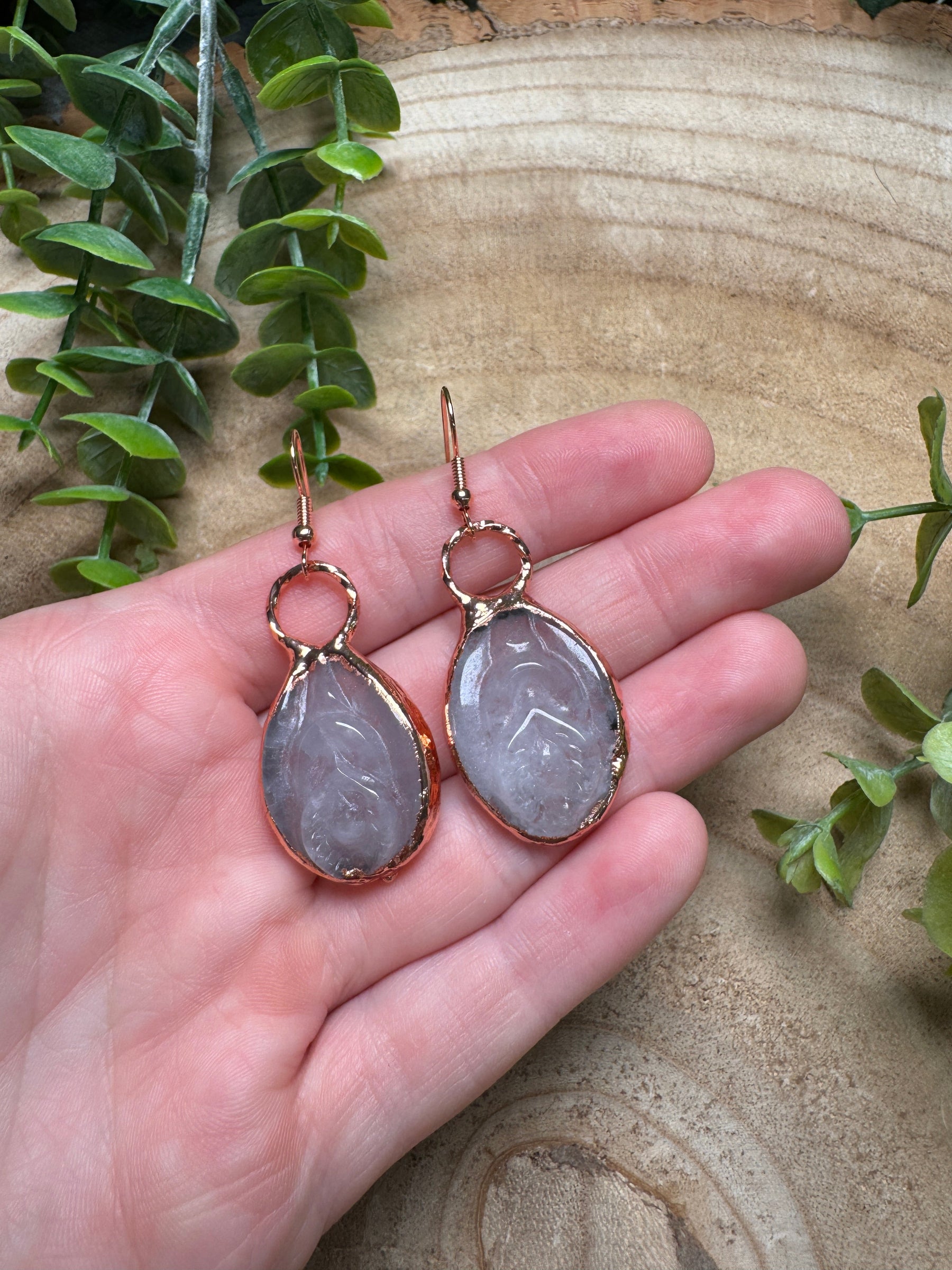 Clear Quartz Yoni Earrings detail view by Copper Ashes