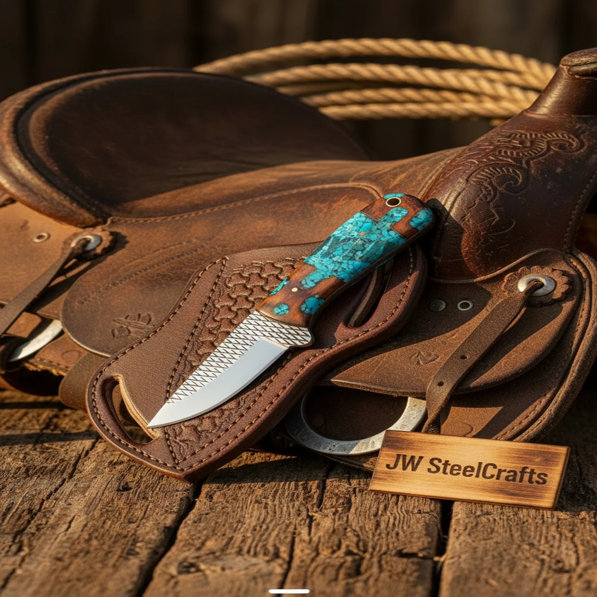 Turquoise Cowboy Skinner with Rasp Steel Blade and Crossdraw Sheath by JW SteelCrafts