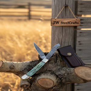 Damascus Trapper Pocket Knife – Two Blade Folding Knife with Green Bone Handle detail view by JW SteelCrafts