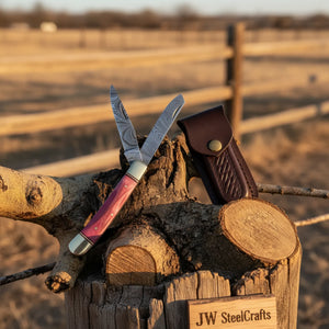 Backwoods Trapper Knife Two Blade Pink Bone Handle Steel Bolster Slip Joint by JW SteelCrafts