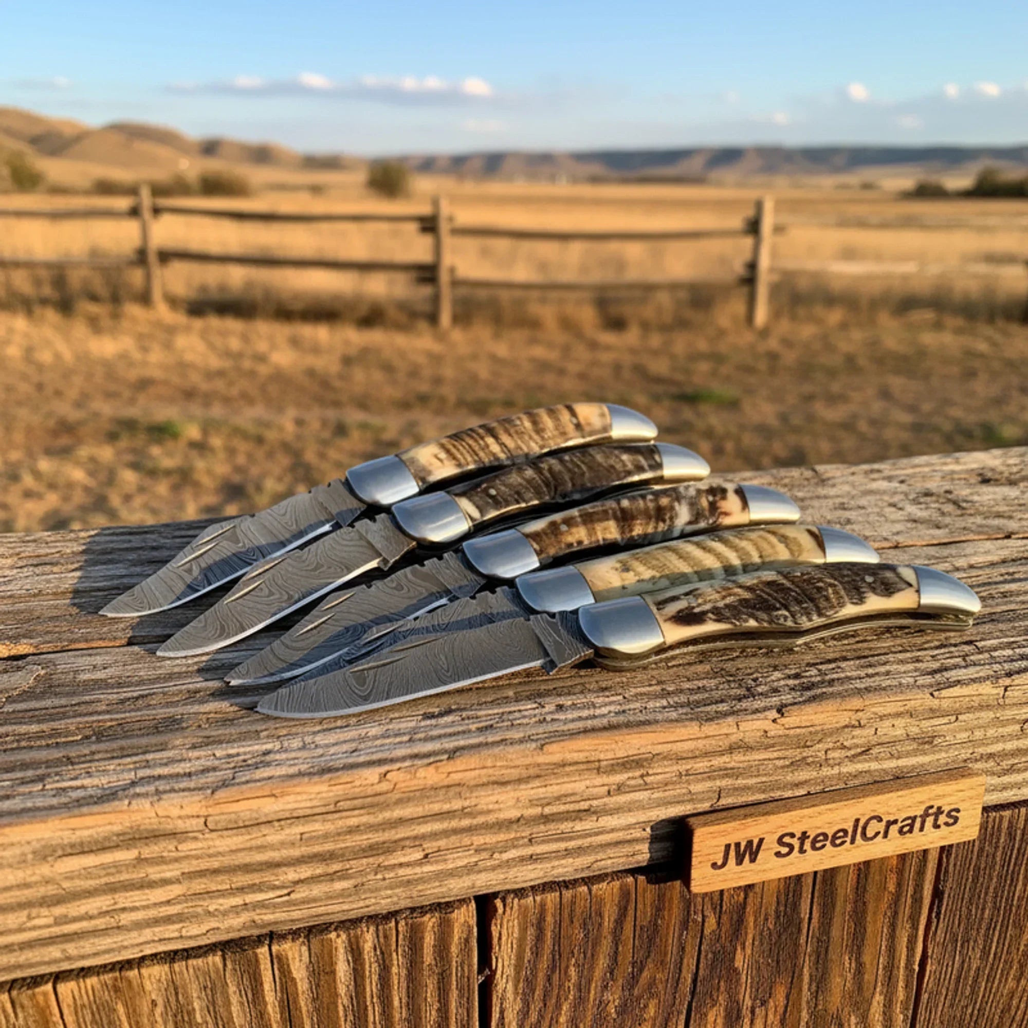 5 Piece Ram Horn Folding Knife Set with Steel Bolsters by JW SteelCrafts