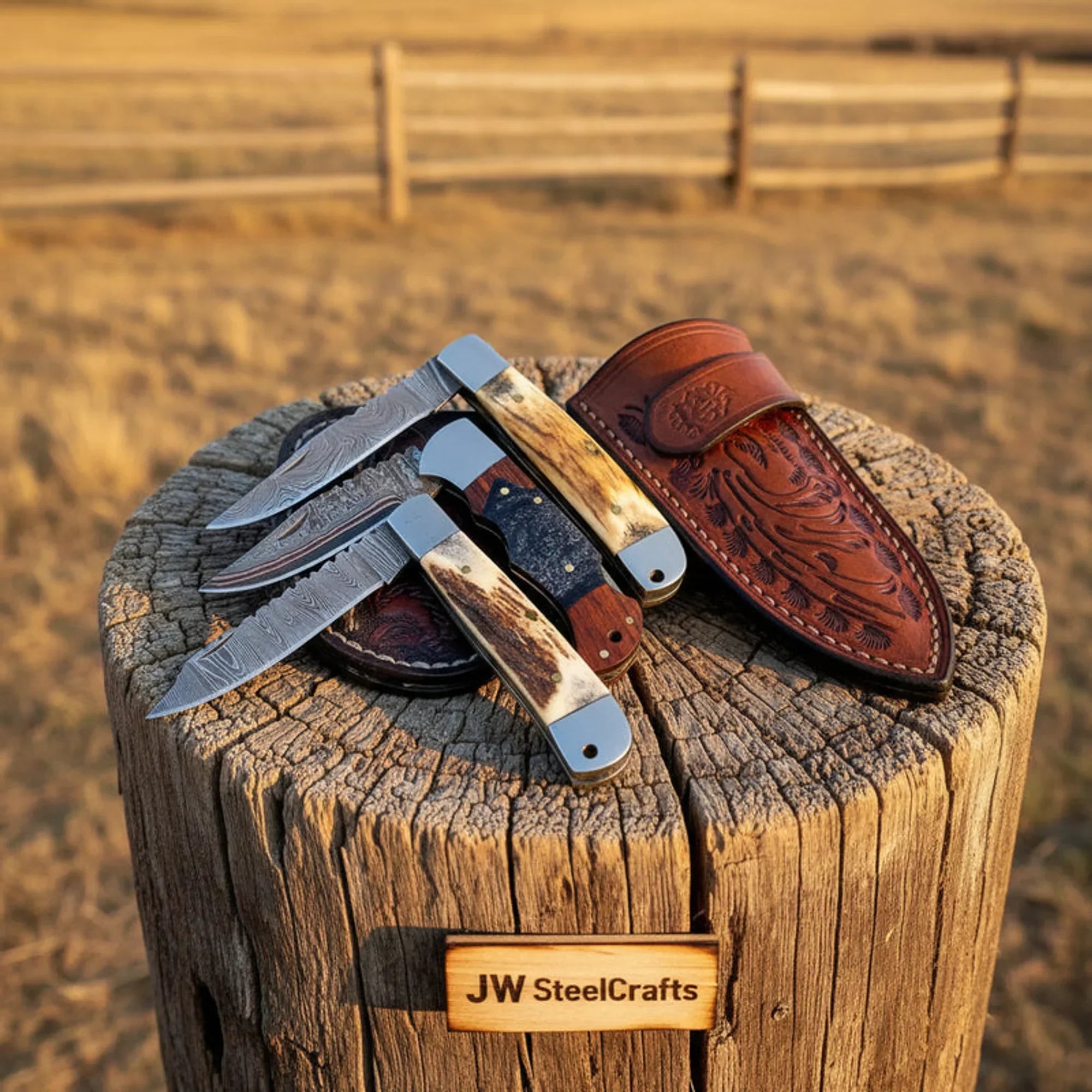 Handmade Damascus Folding Pocket Knife Set 3 Slipjoint Knives with Stag Horn and Resin Handles by JW SteelCrafts