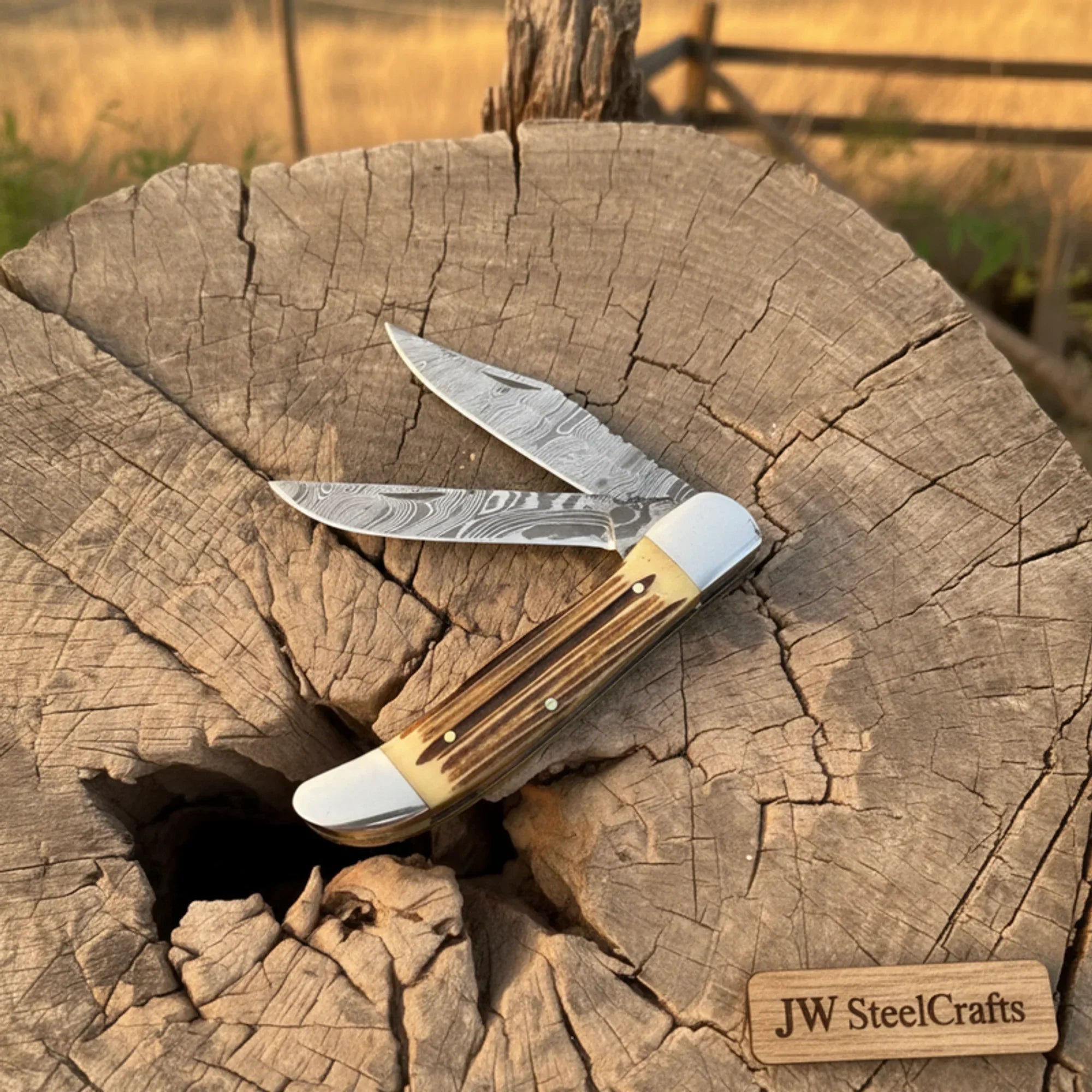 Handmade Damascus Steel Trapper Knife 4" with Dual Blades & Synthetic Handle by JW SteelCrafts