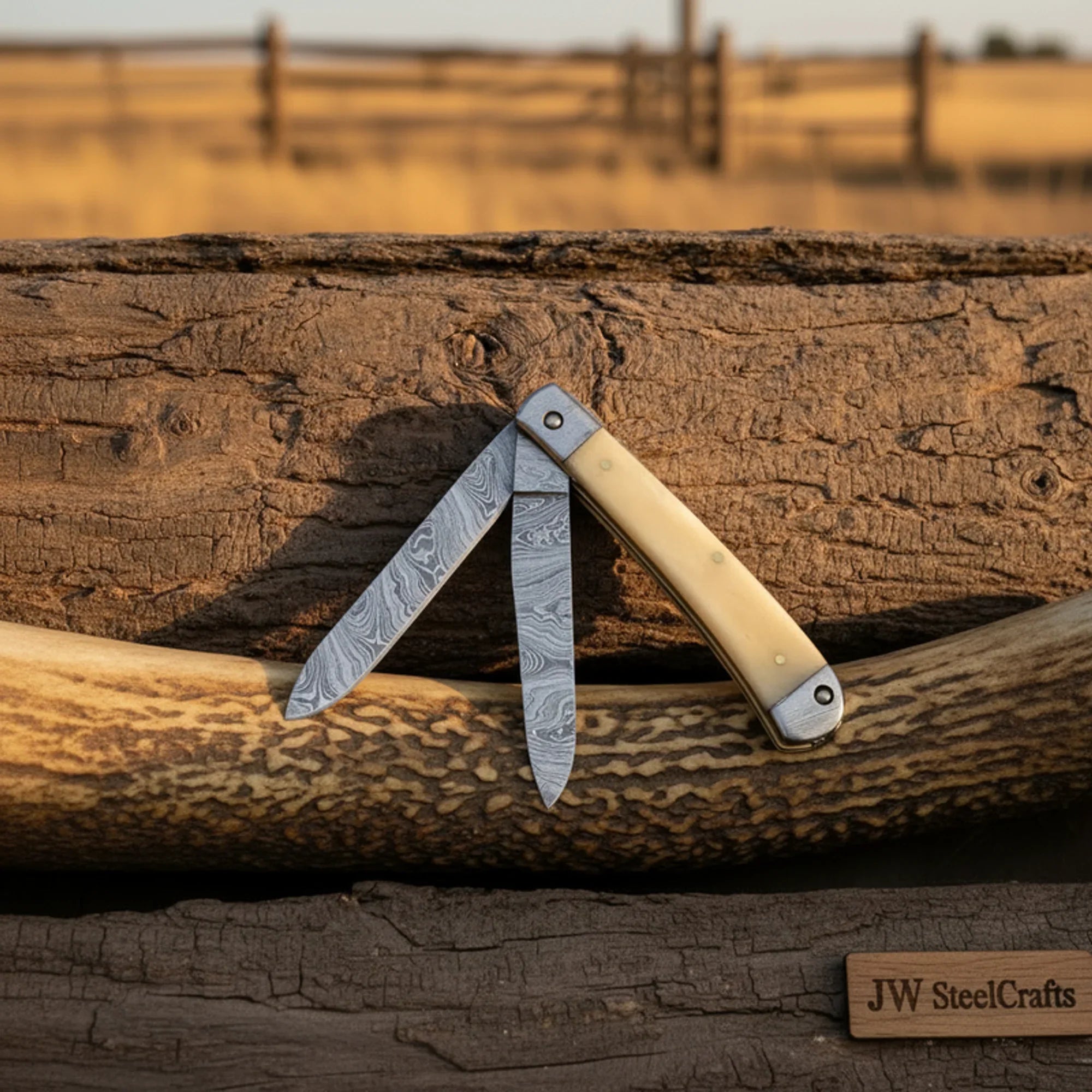 2-Blade Damascus Bone Trapper with Wood-Grain Damascus Blades by JW SteelCrafts