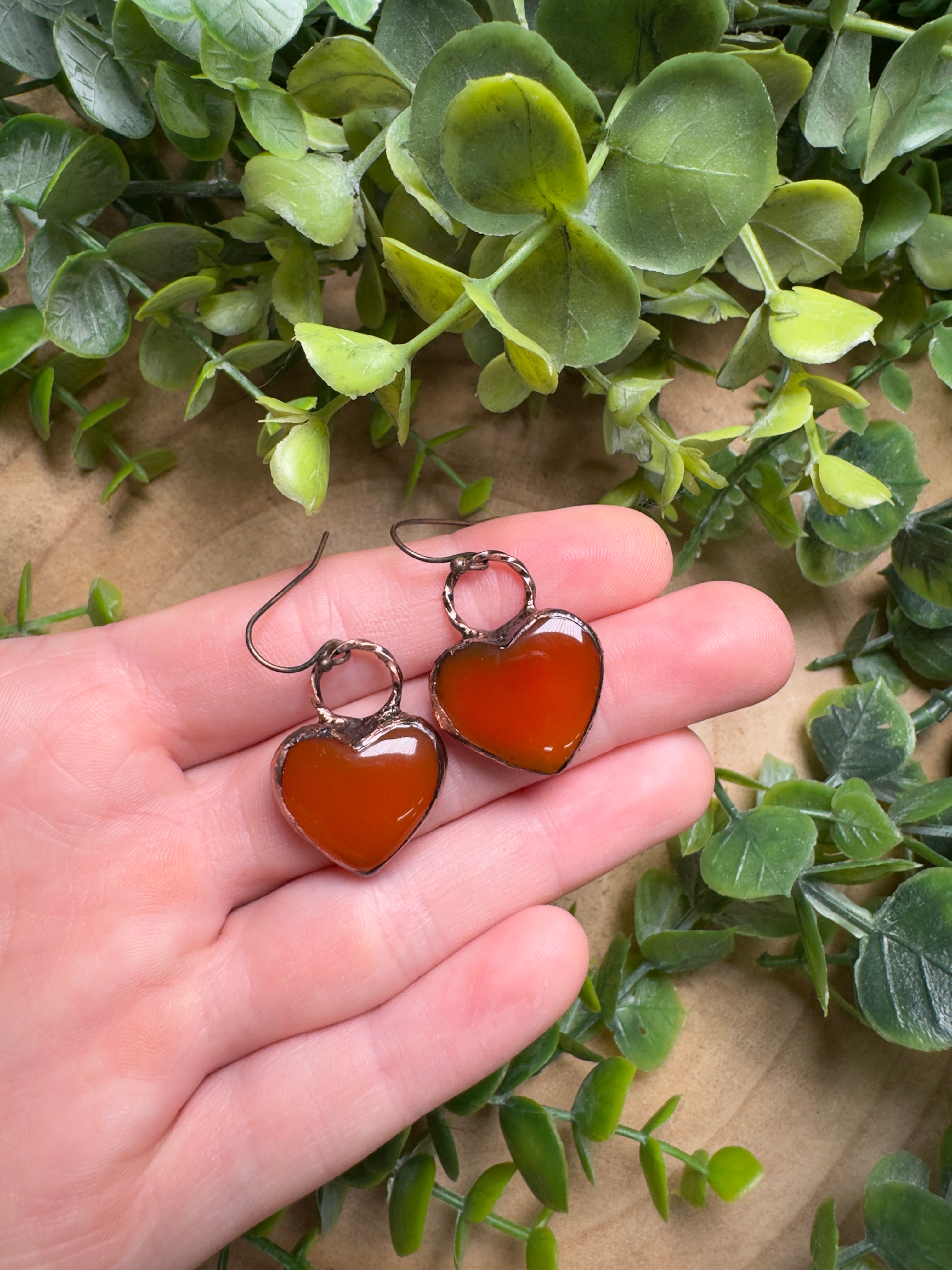 Orange Agate Heart Earrings detail view by Copper Ashes