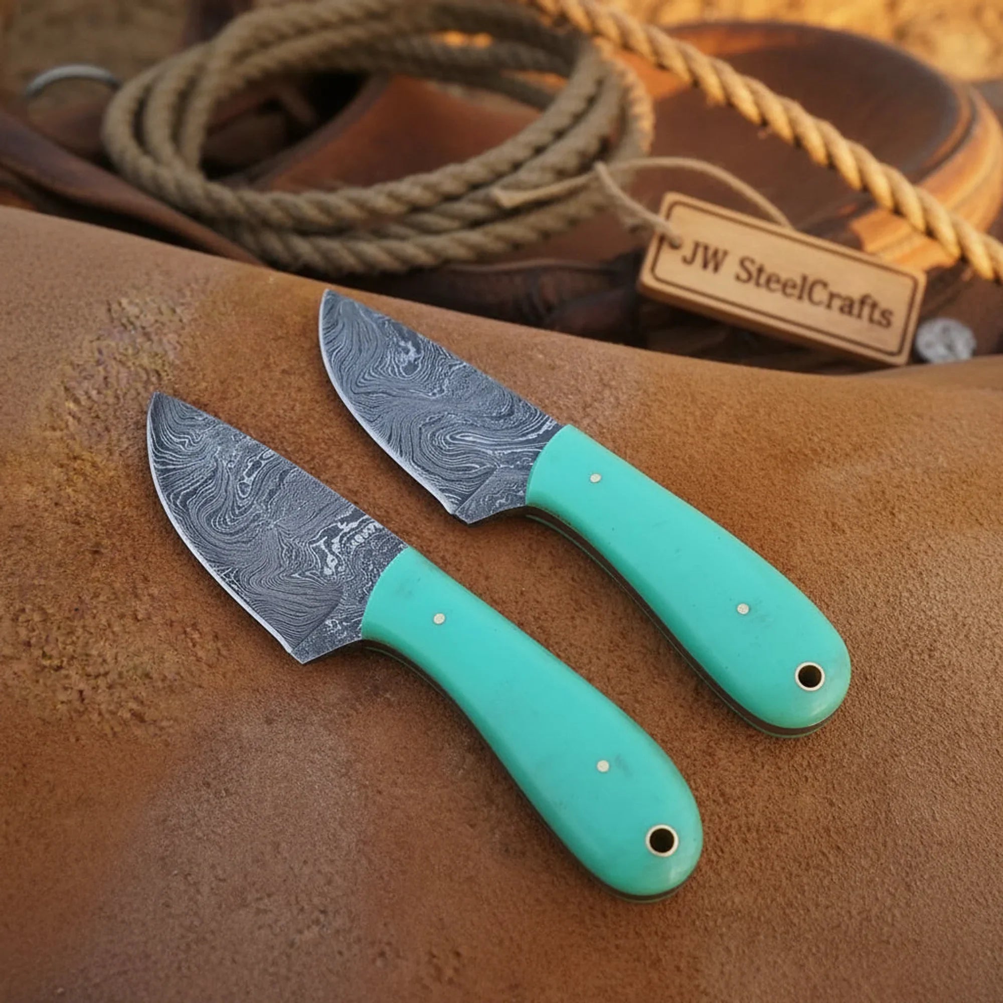 2 Piece Mark Cowboy Skinner Set with Turquoise Resin Handles by JW SteelCrafts