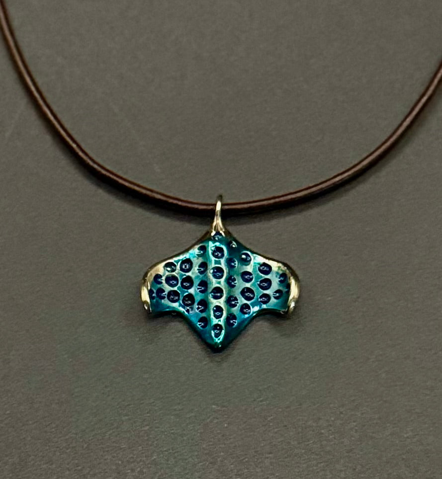 Small Bronze Spotted Eagle Ray Pendant with Blue Patina by Anisa Jewelry