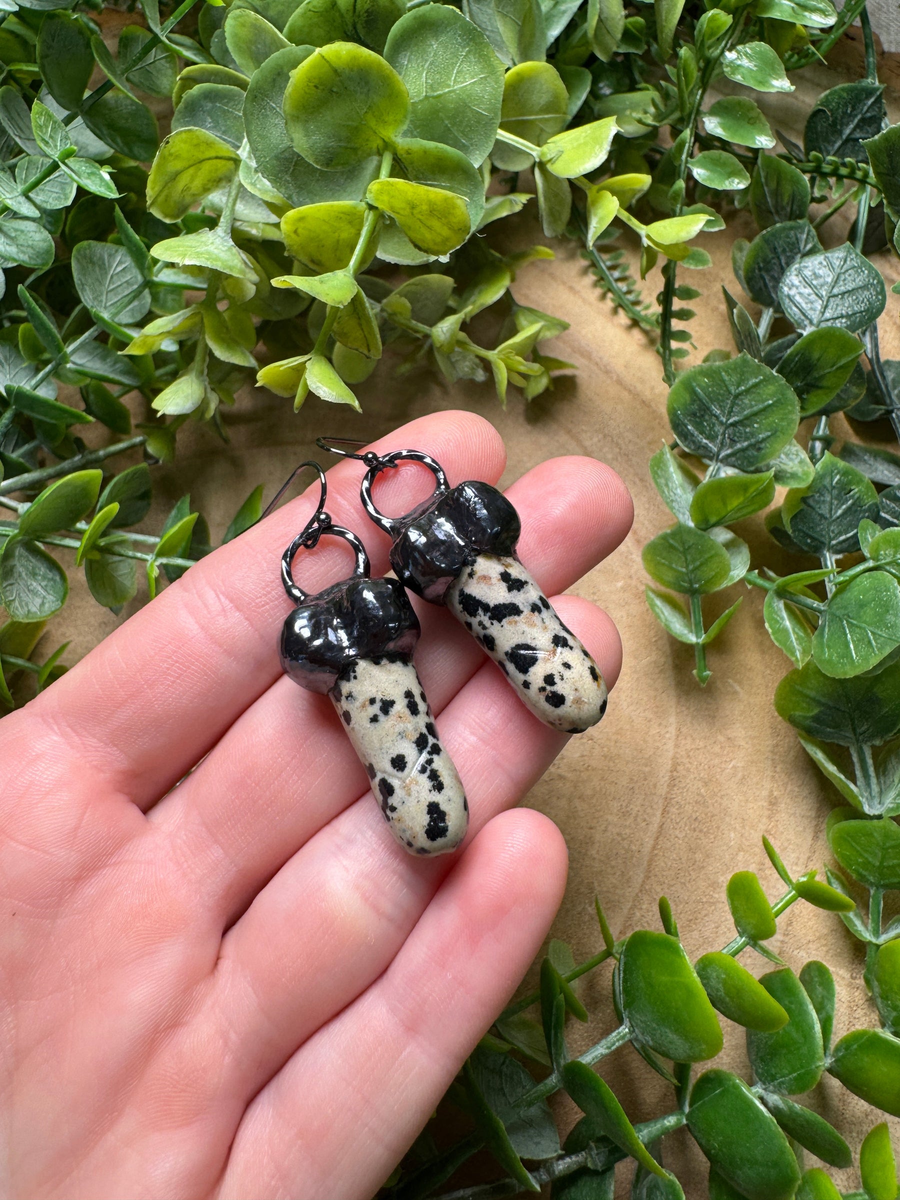 Dalmatian Jasper Penis Earrings detail view by Copper Ashes