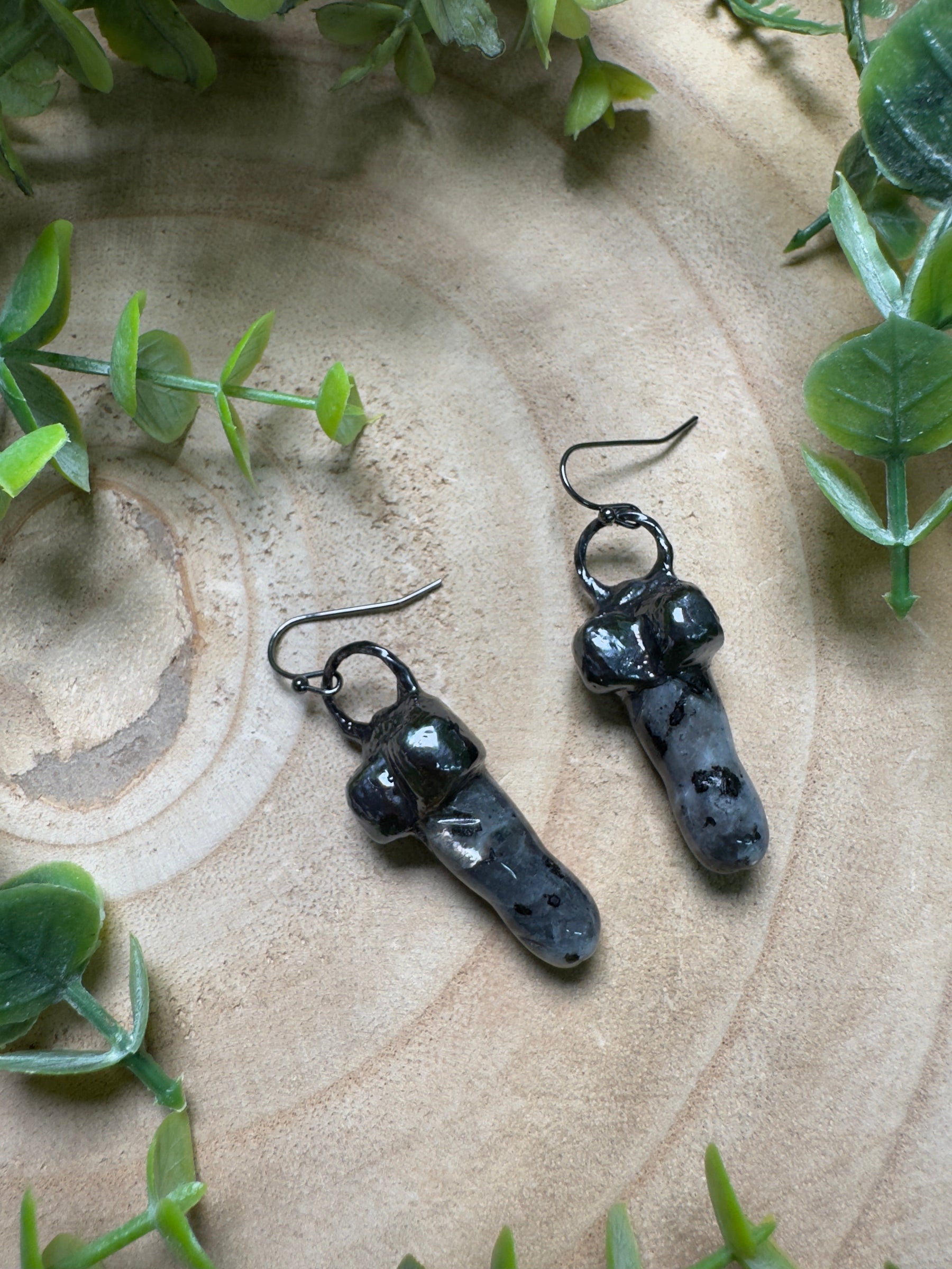 Larvikite Penis Earrings detail view by Copper Ashes