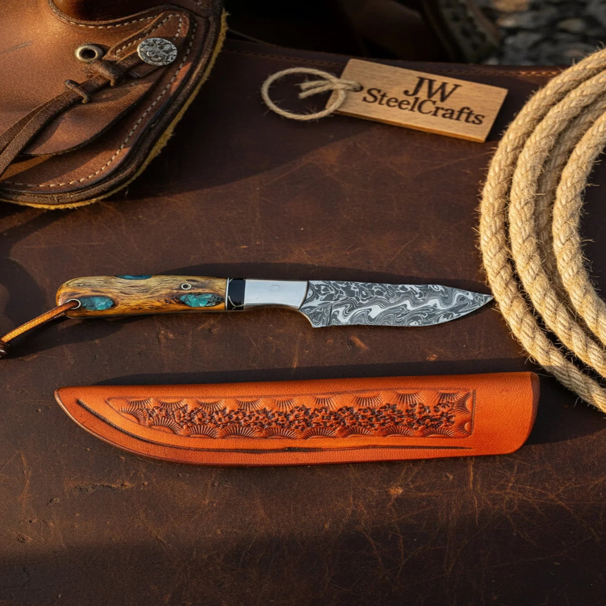 VG-10 Copper Damascus Knife 5.5" G10 & Mosaic Pin Handle by JW SteelCrafts