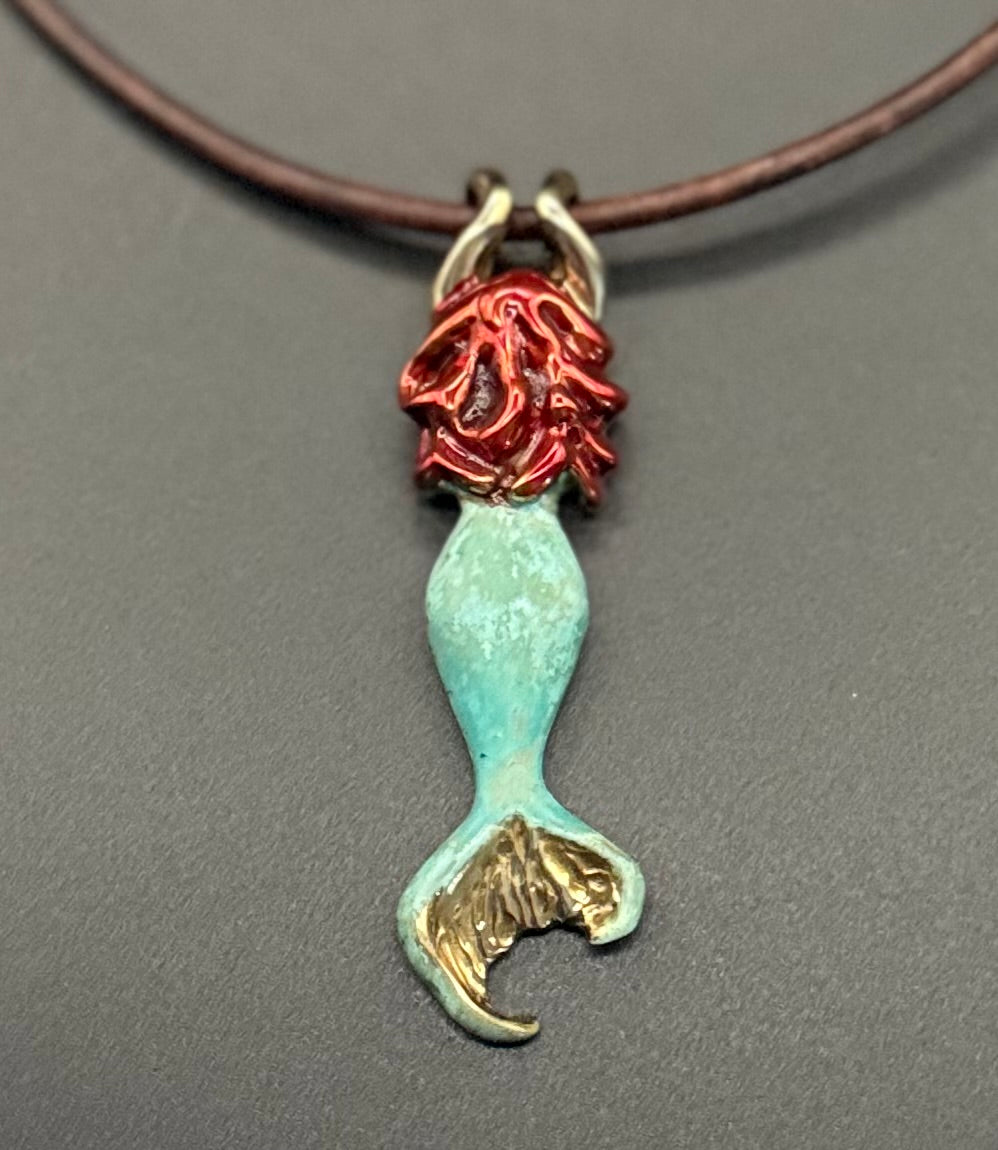Bronze Redheaded Mermaid Pendant with Verde Patina by Anisa Jewelry