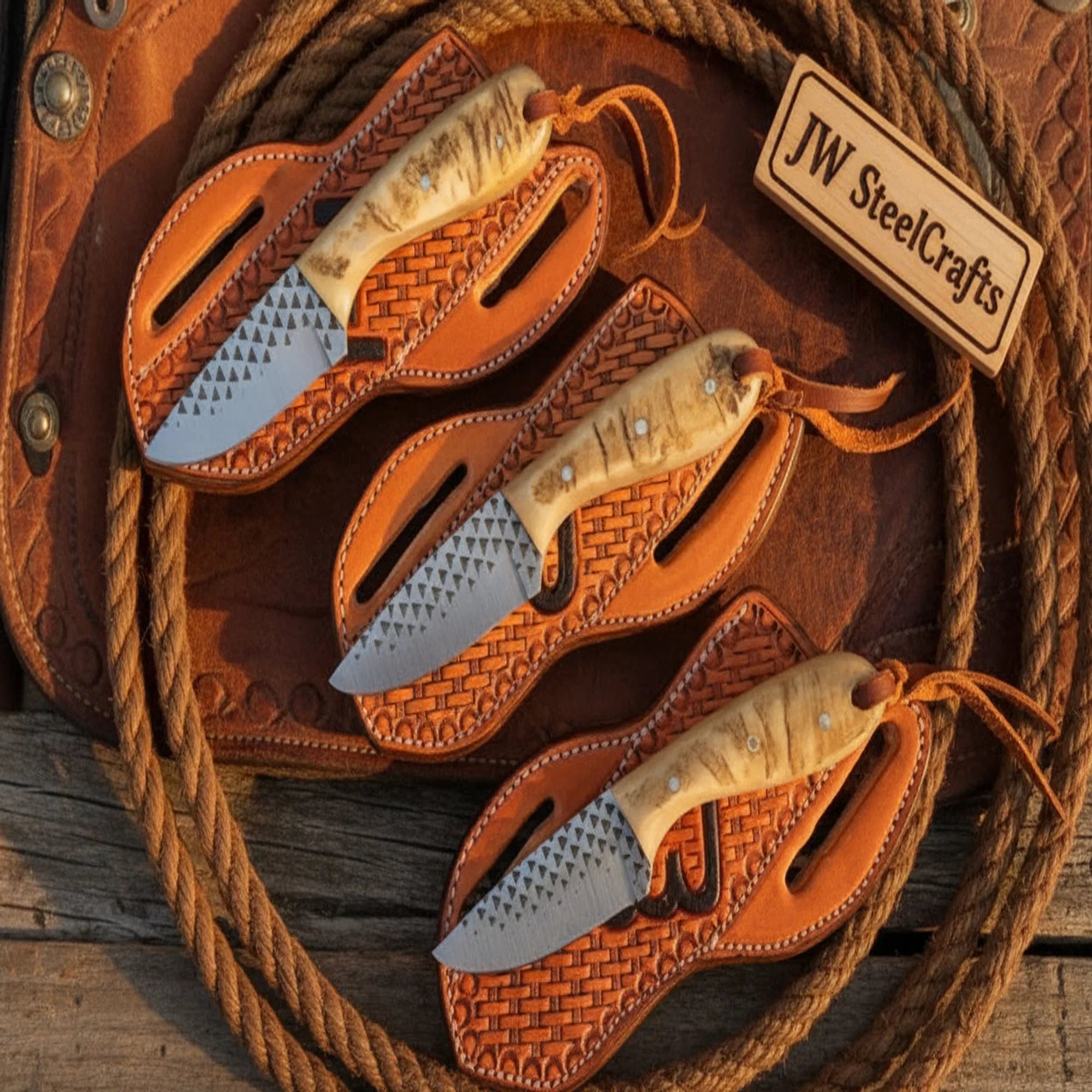Farrier Rasp Cowboy Knife Set with Ram Horn Handles by JW SteelCrafts