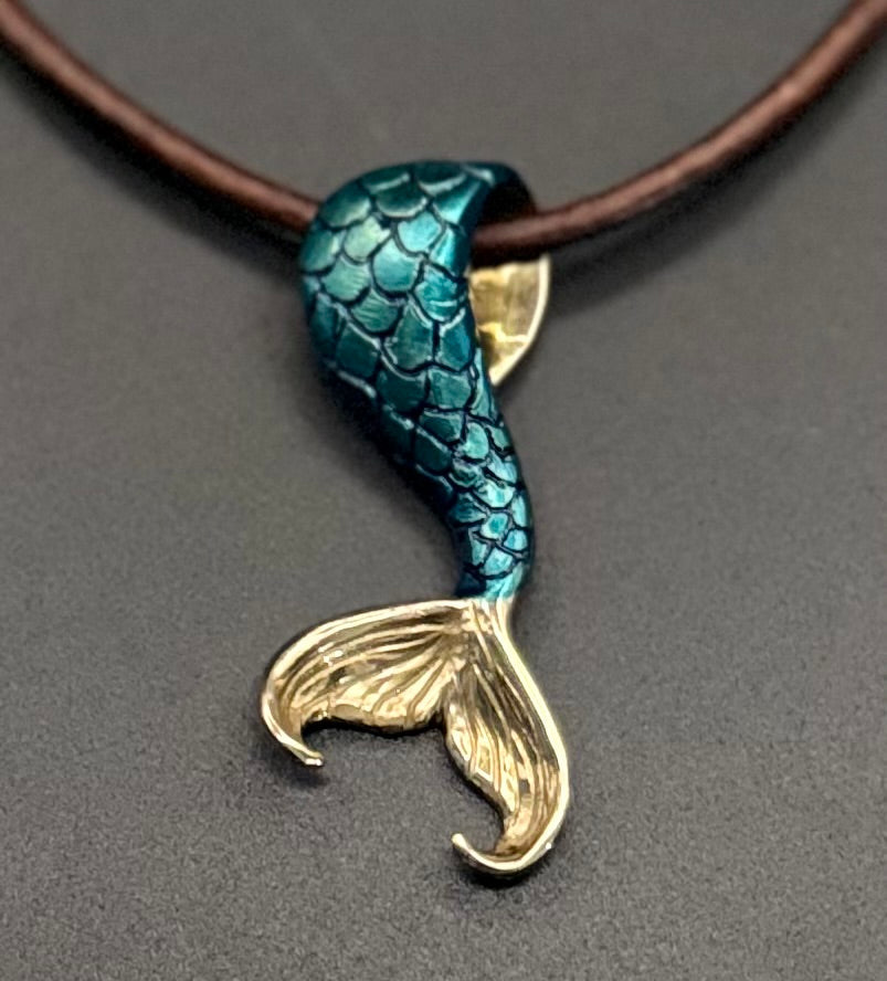 Bronze Mermaid Tail Pendant with Blue Top Patina by Anisa Jewelry