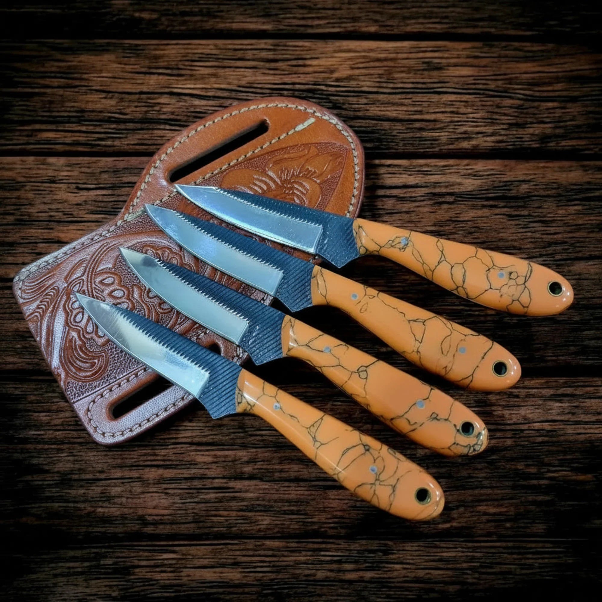 Handmade Carbon Steel Knife Set of 4, Orange Resin Handle, 7.5" Fixed Blade Set by JW SteelCrafts