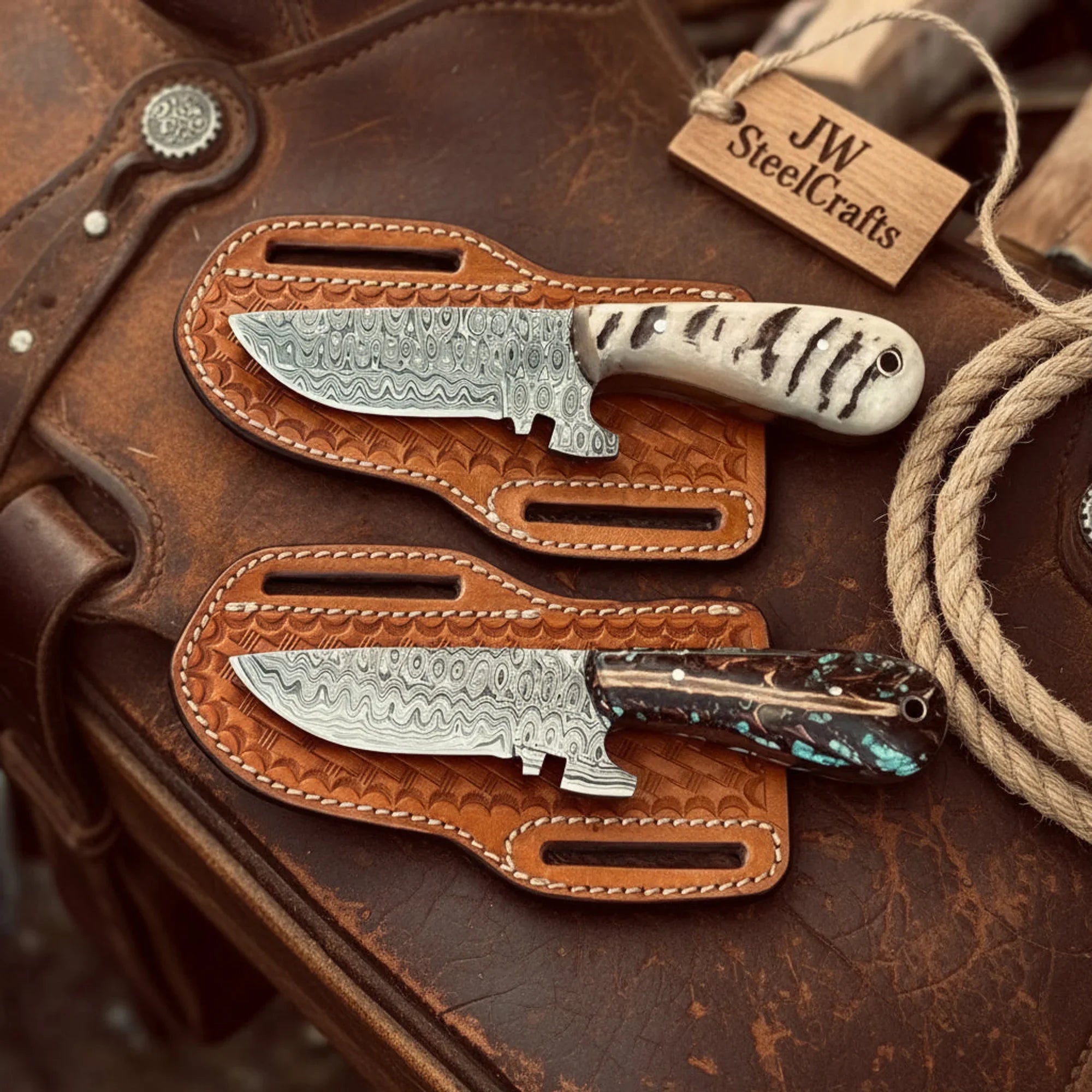 2 Piece Damascus Tracker Knife Set with Ram Horn and Pinecone Resin Handles by JW SteelCrafts