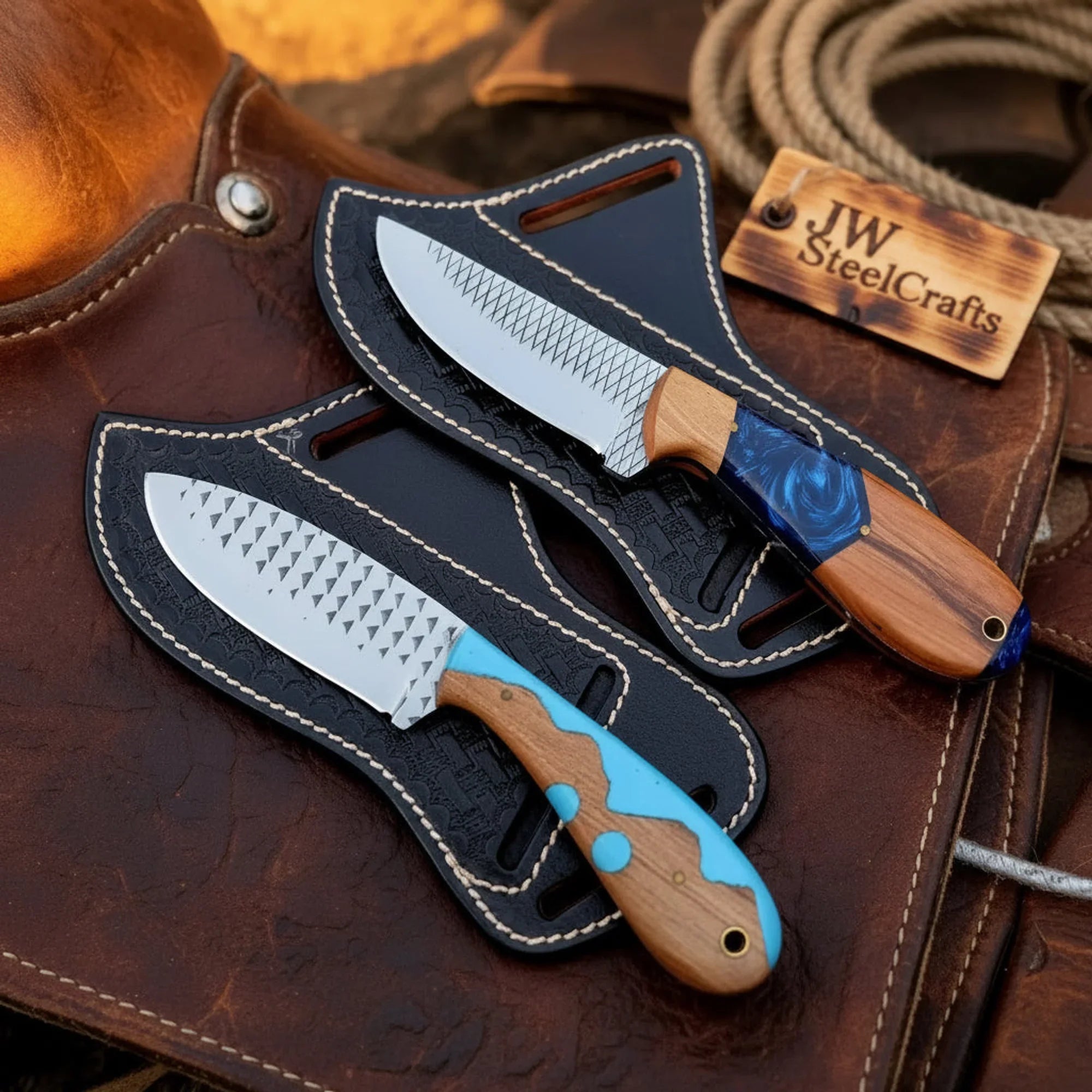 2 Piece Ranch Cowboy Knives with Olive Wood and Blue Resin Handles by JW SteelCrafts