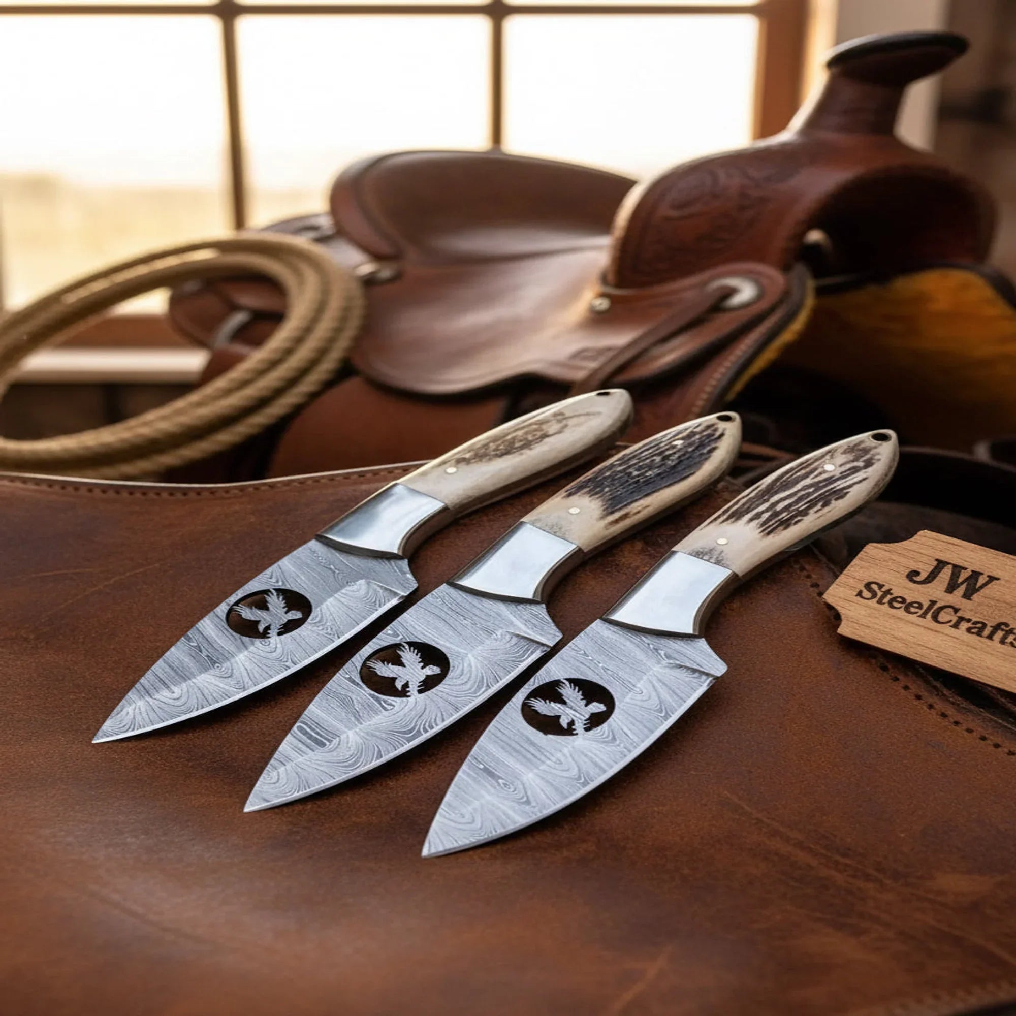 Handmade Damascus Steel Knife Set of 3 with Stag Horn Handle by JW SteelCrafts