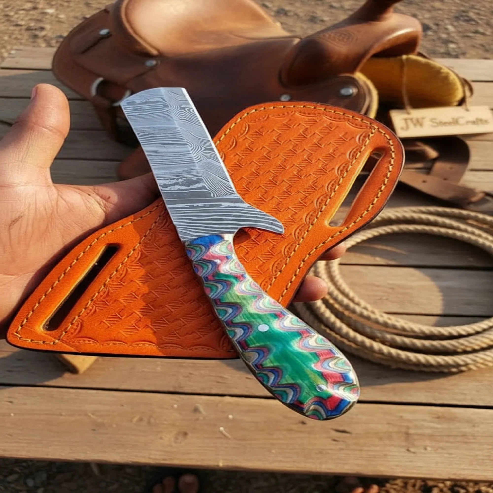 Twist Damascus Razor Knife with Multicolor Pakka Wood Handle by JW SteelCrafts
