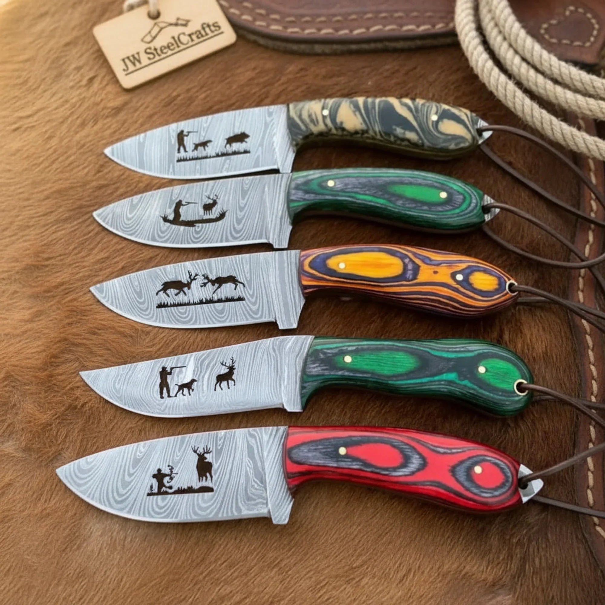 5 Piece Damascus Skinner Knife Set with Engraved Blades and Multicolor Handles by JW SteelCrafts