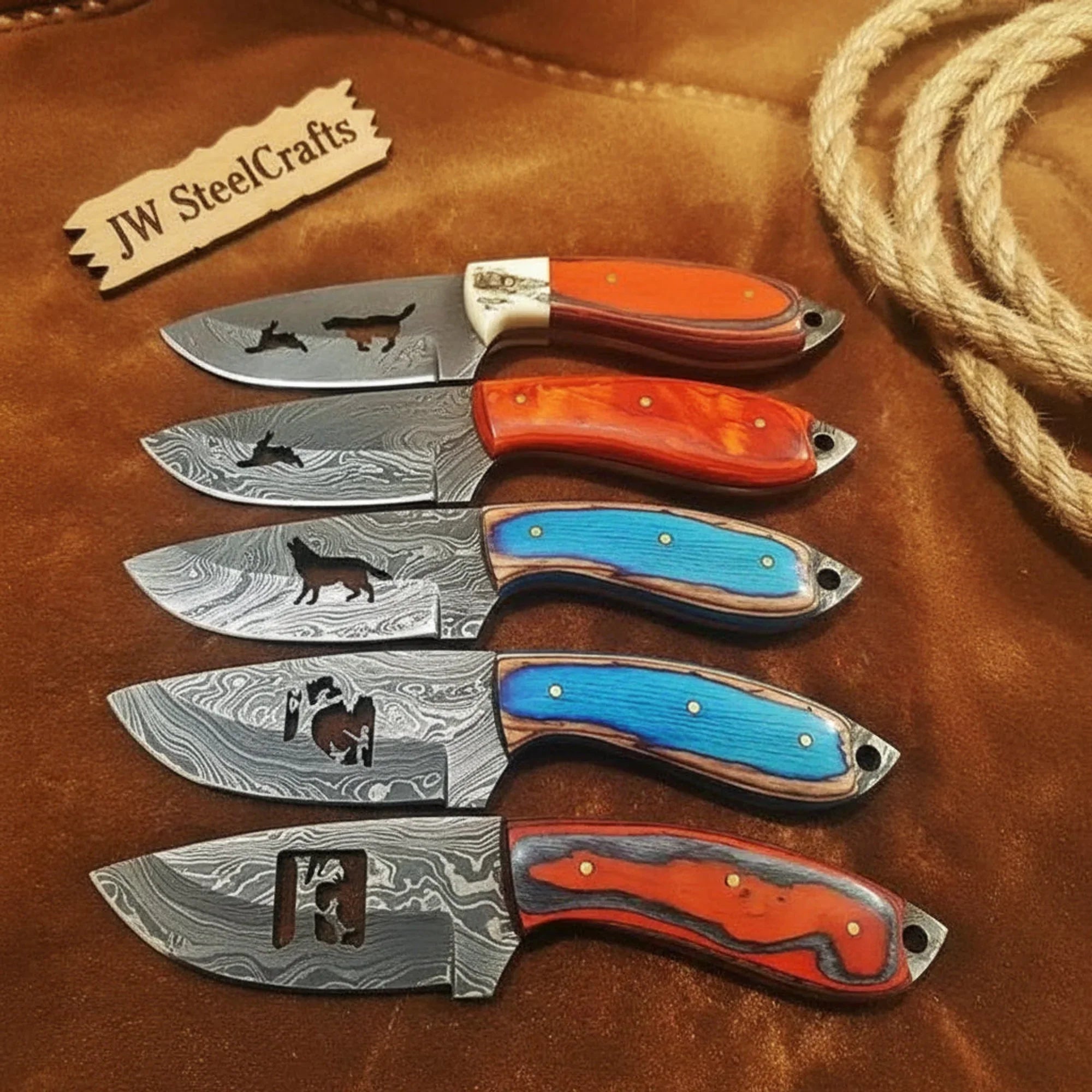 5 Piece Wire Cutout Skinner Knife Set with Colored Wood and Resin Handles by JW SteelCrafts