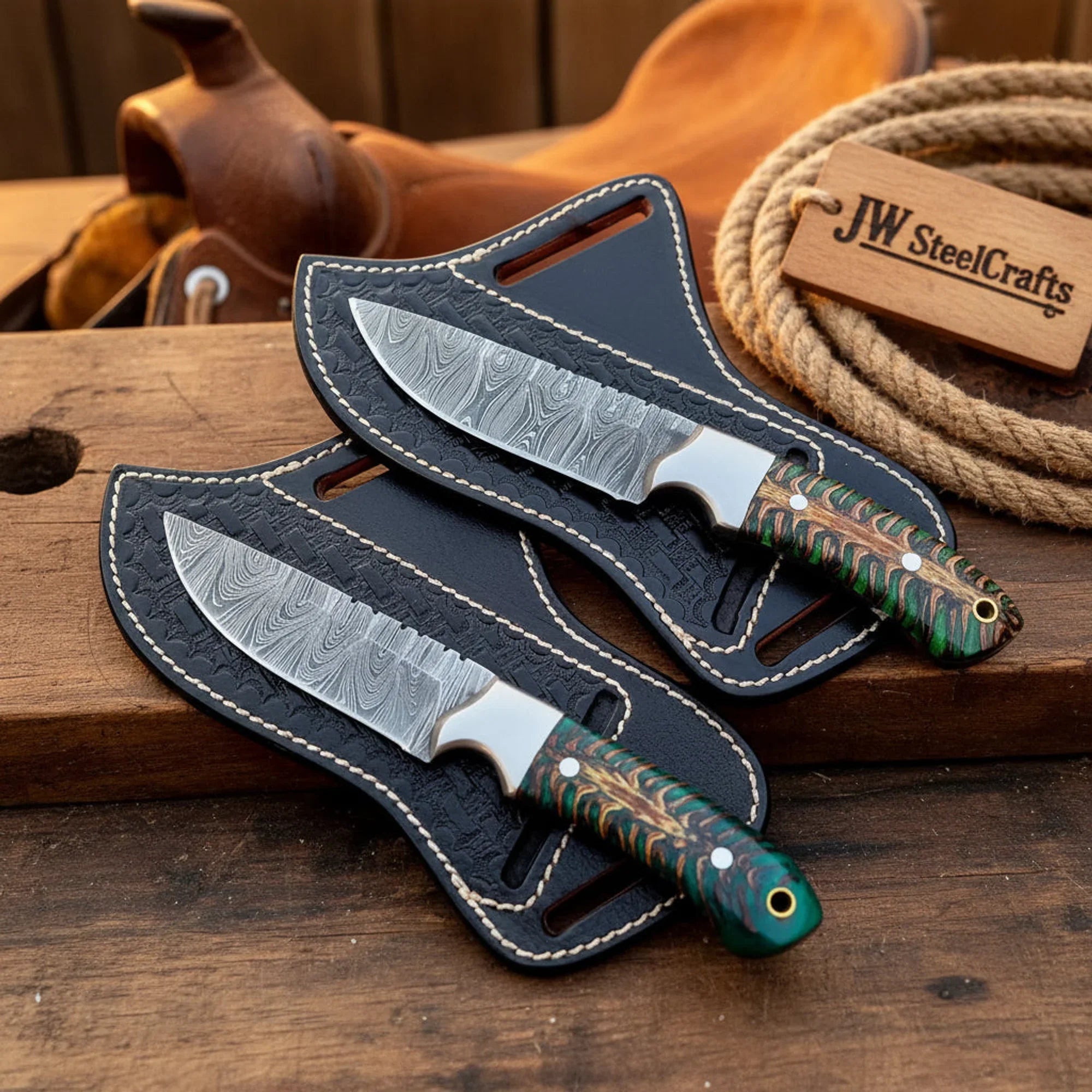 2 Piece Pinecone Resin Skinner Knife Set with Green Pinecone Handles by JW SteelCrafts