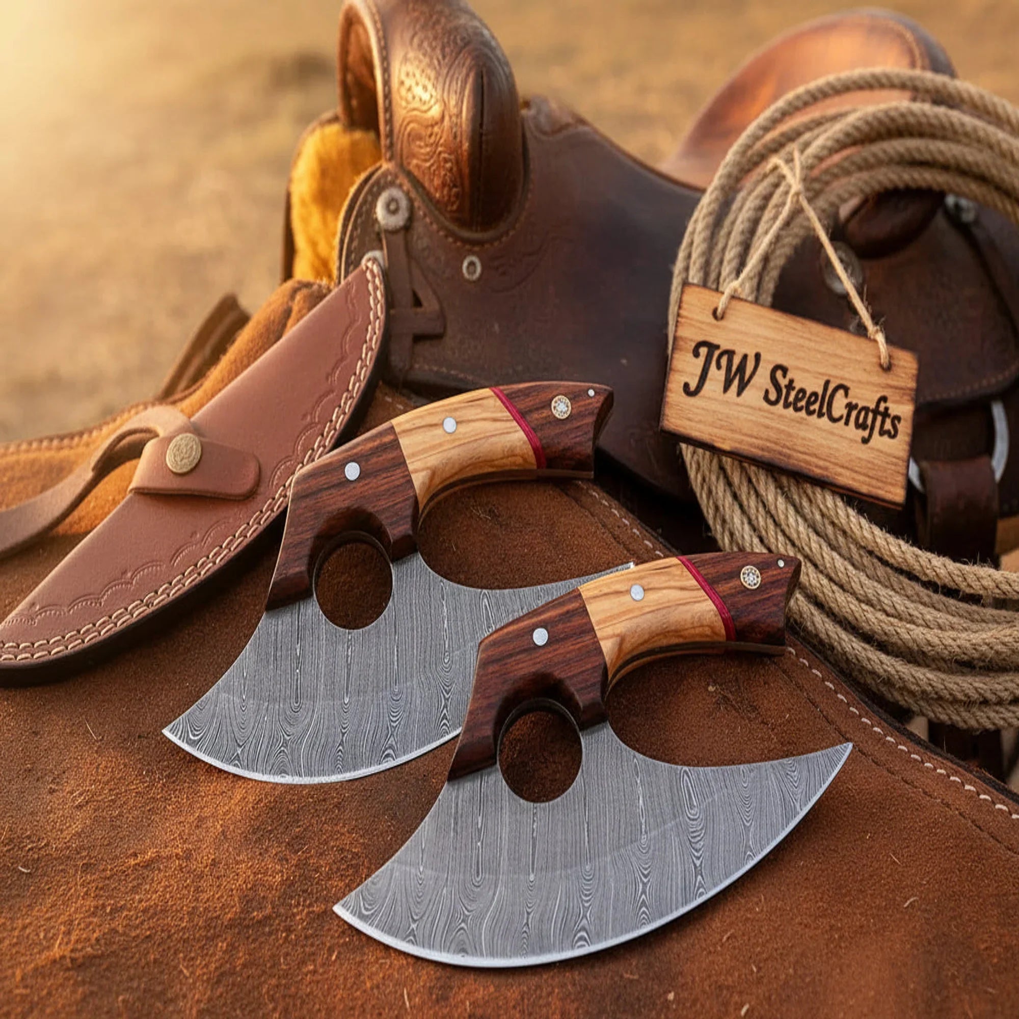 Alaskan Ulu Knife Set with Olive Wood and Rosewood Handle by JW SteelCrafts