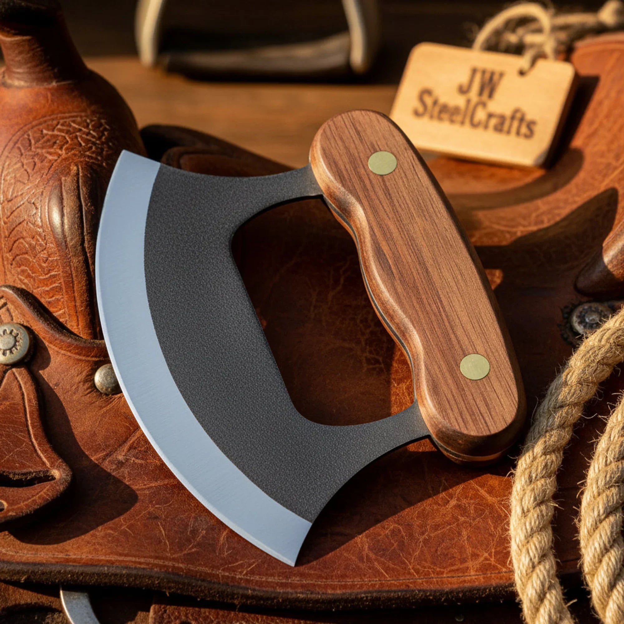Handmade Carbon Steel Mezzaluna Knife, Wood Handle, Kitchen Chopper Blade by JW SteelCrafts