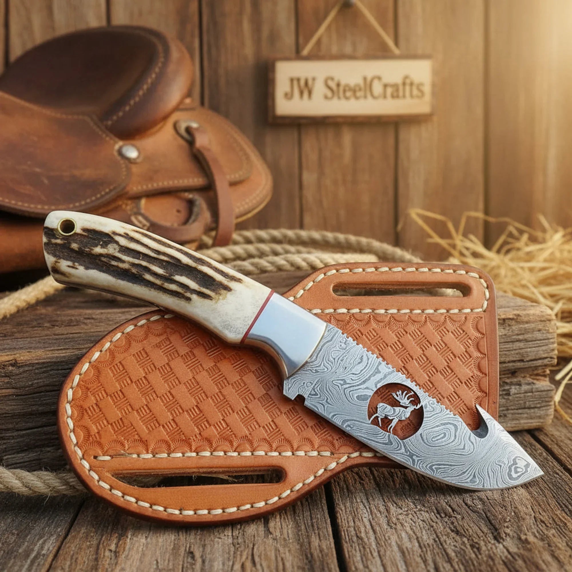 Wirecut Guthook Knife with Synthetic Stag Horn Handle and Deer Engraving by JW SteelCrafts