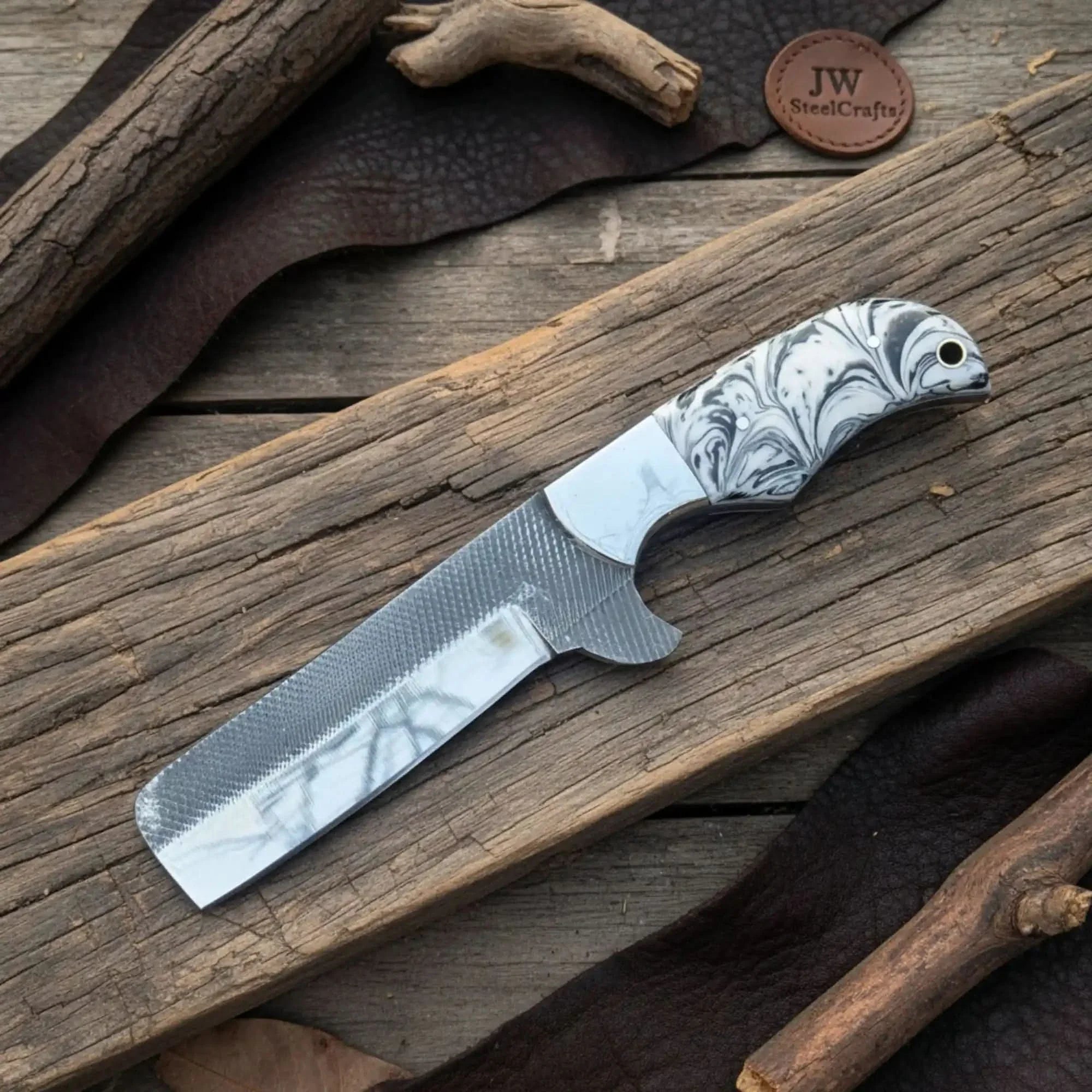Rasp Steel Bull Cutter Knife — White and Black Marble Resin Handle by JW SteelCrafts, Damascus knife main product photo