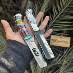 2-Piece Fixed Blade Knives — Rasp Steel Cleaver Rainbow Resin Handle by JW SteelCrafts, Damascus knife detail photo 3