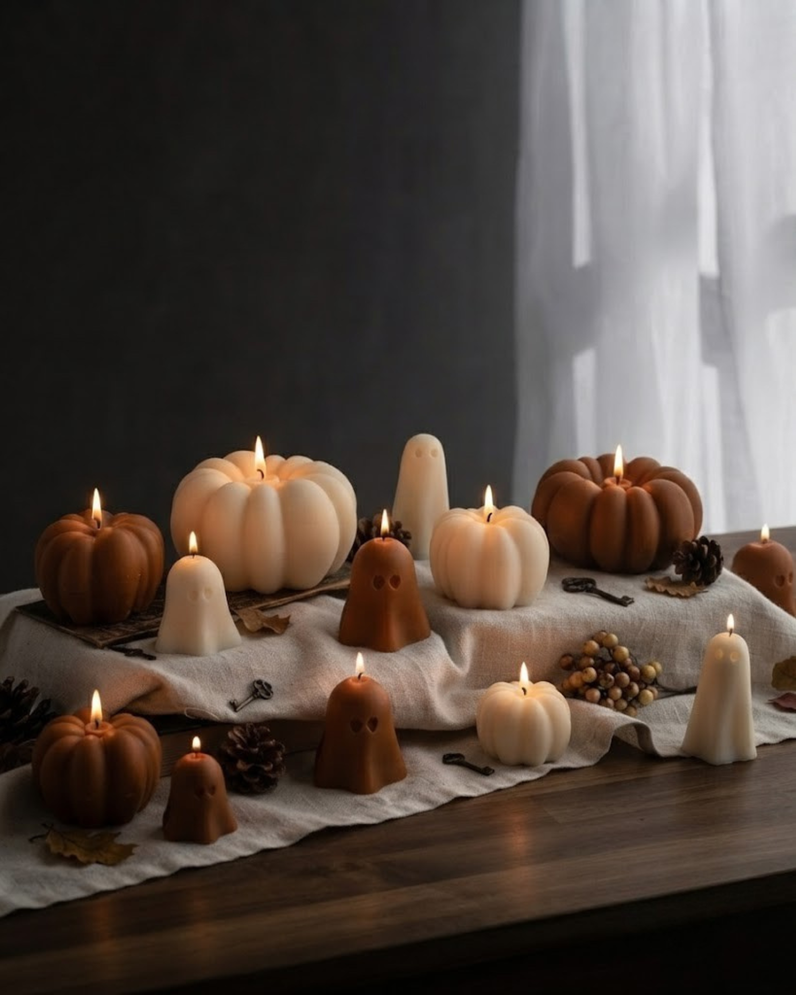 Autumn sculptural ghost and pumpkin candle collection by Believe Candle
