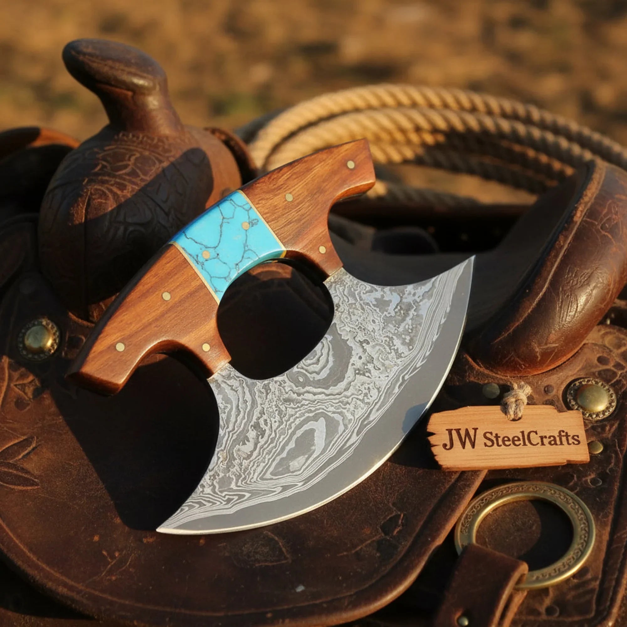 Damascus Push Dagger Ulu knife 4" Rosewood Turquoise Handle Kitchen Chopper Pizza Cutter by JW SteelCrafts