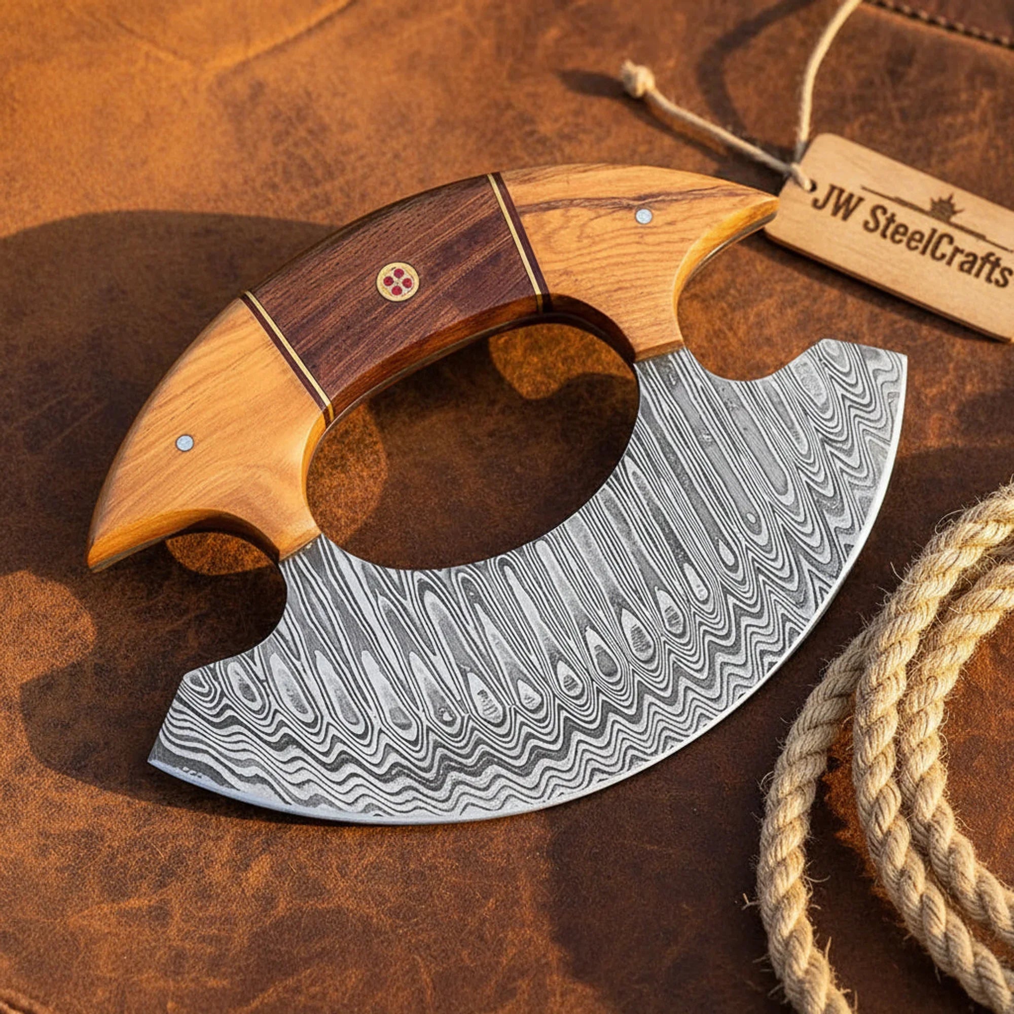 Arctic Rocker Ulu Knife – Hand-Forged Damascus Blade with Multi-Wood Handle for Effortless Chopping by JW SteelCrafts