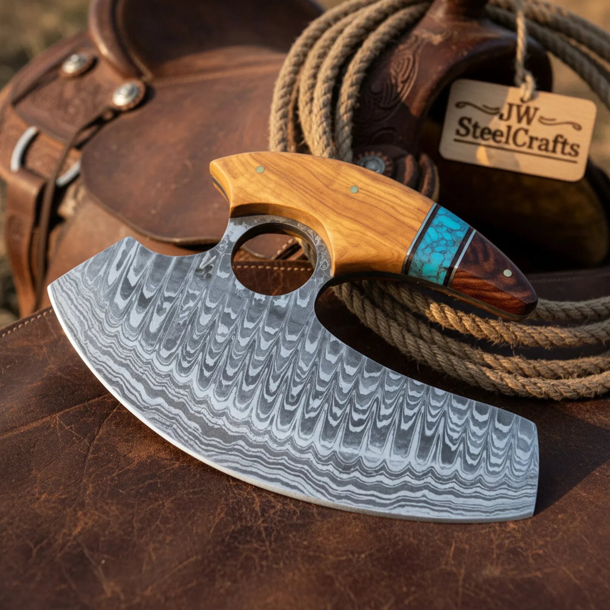 Alaskan Rocker Knife with Olive Wood Turquoise and Rosewood Handle by JW SteelCrafts