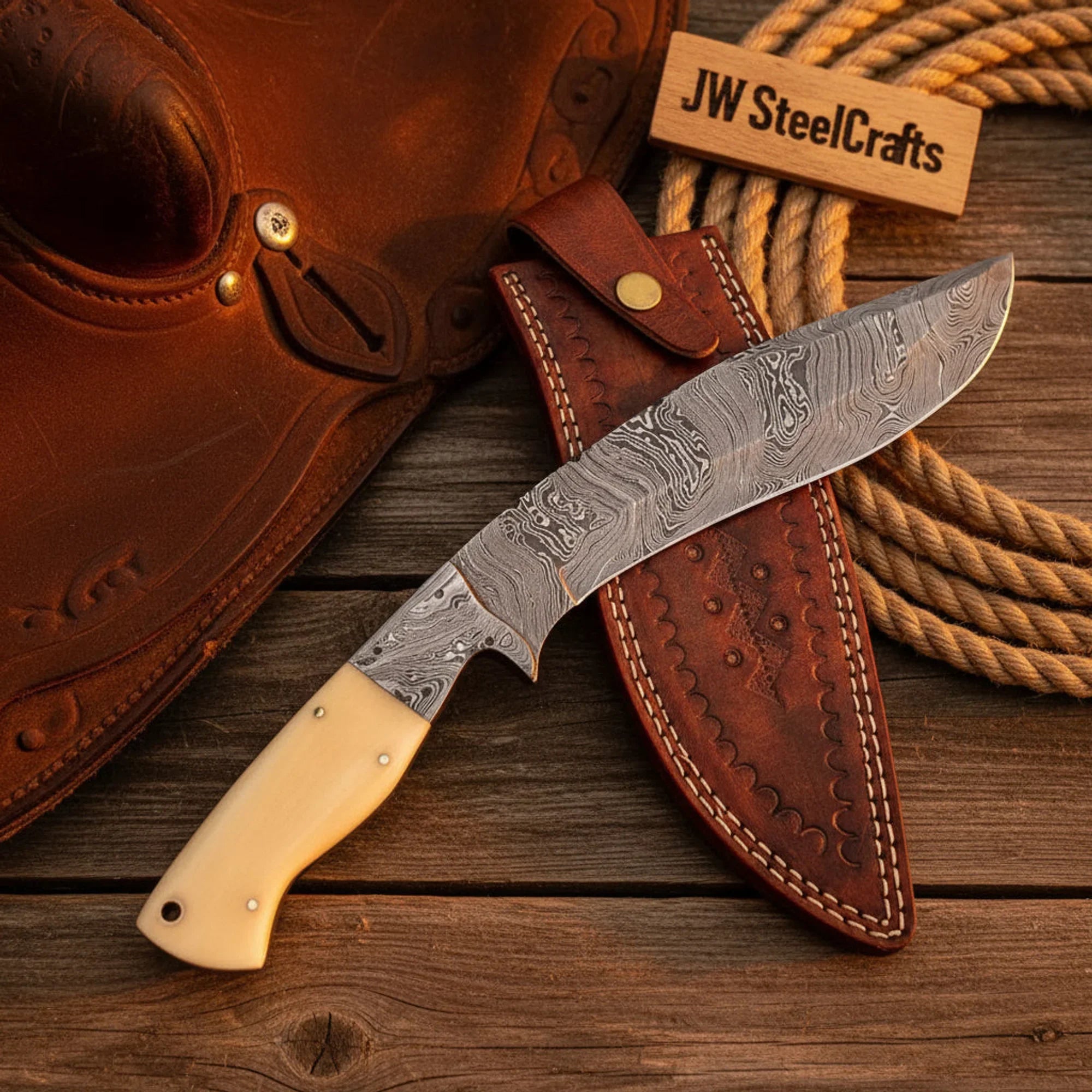 Handmade Damascus Steel Cleaver Knife, Camel Bone Handle, 9" Blade by JW SteelCrafts