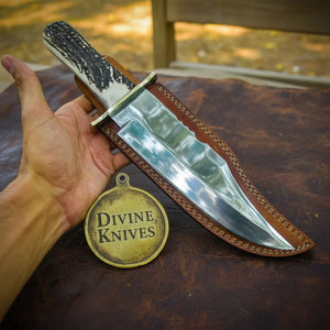 Purple Wood Handle Damascus Knife with Decorative Tooled Sheath by Divine Knives