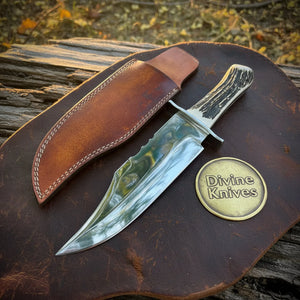 Purple Wood Handle Damascus Knife with Decorative Tooled Sheath detail view by Divine Knives